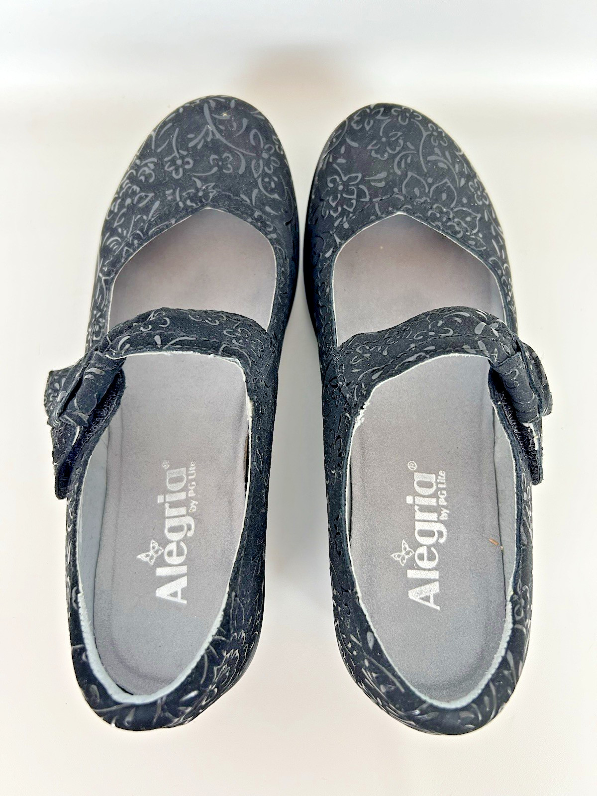 Alegria Mary Jane Clogs 38 Black Floral Embossed Leather Shoes US 8-8.5