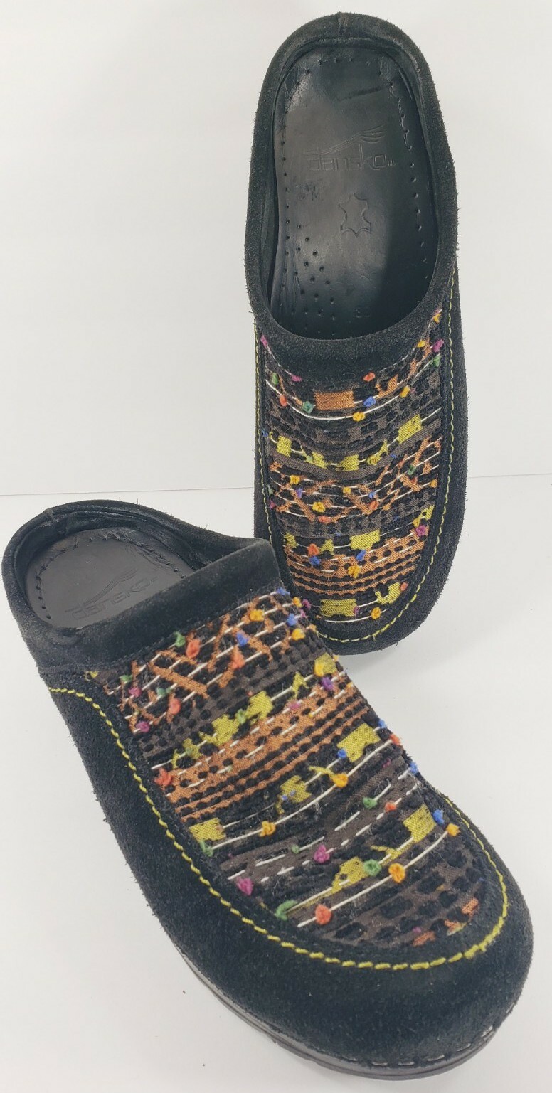 Dansko Women’s Platform Clog Sz. 7.5M 38EU Black Suede Multicolored Textile Vamp