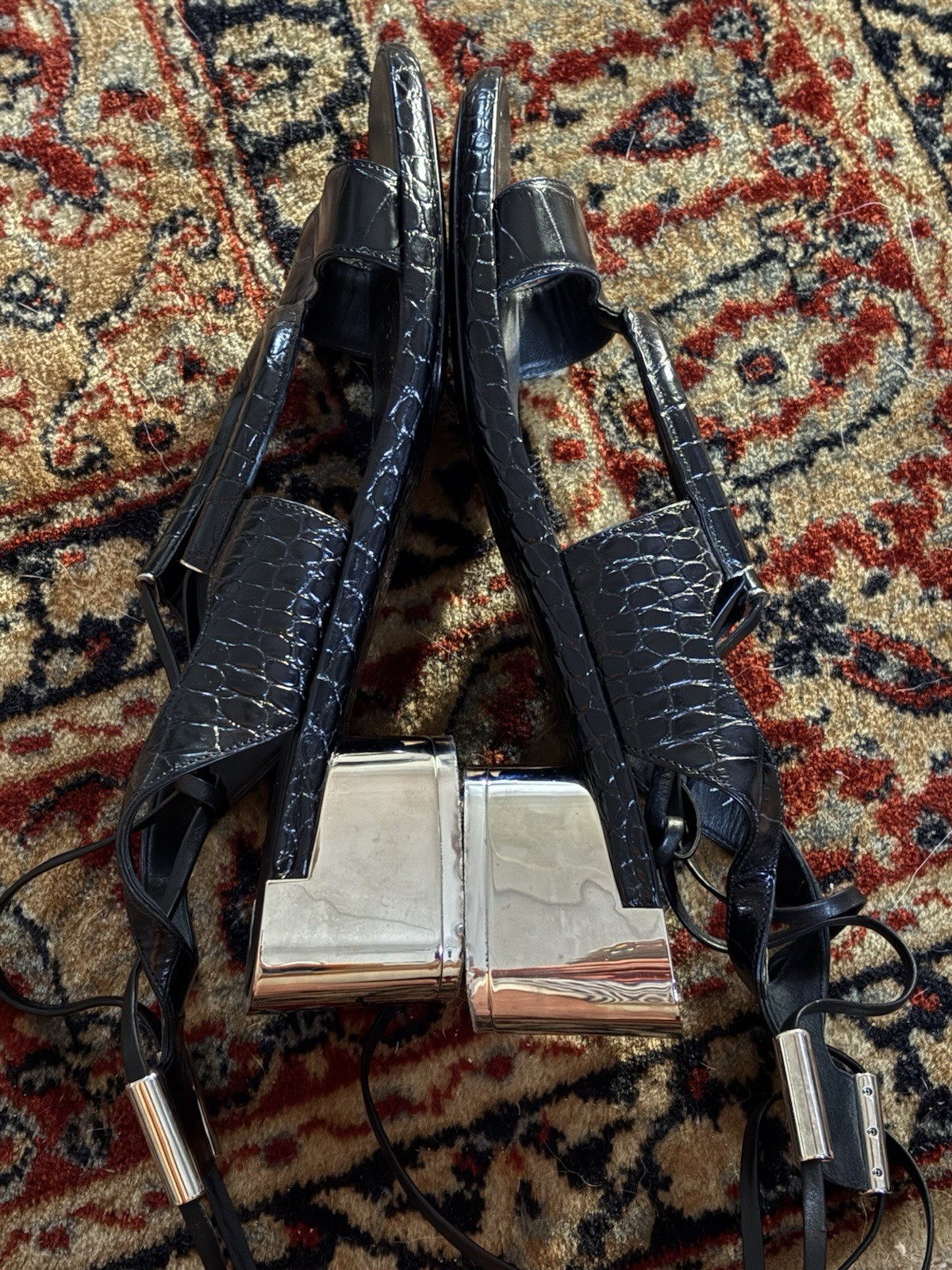 Salvatore Ferragamo Black Croc Embossed Leather Glorja Sandals 9.5 40