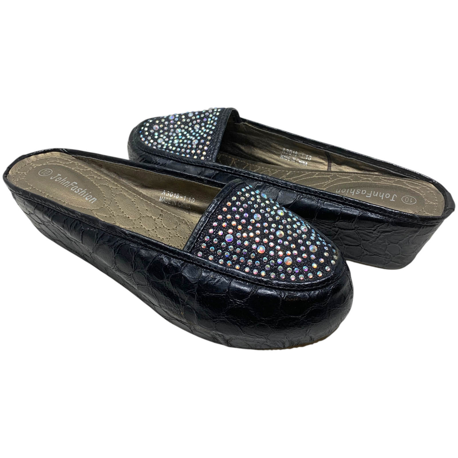 John Fashion Black Rhinestone Mule Slides Flatform Sparkle AB Crystal Sz 10