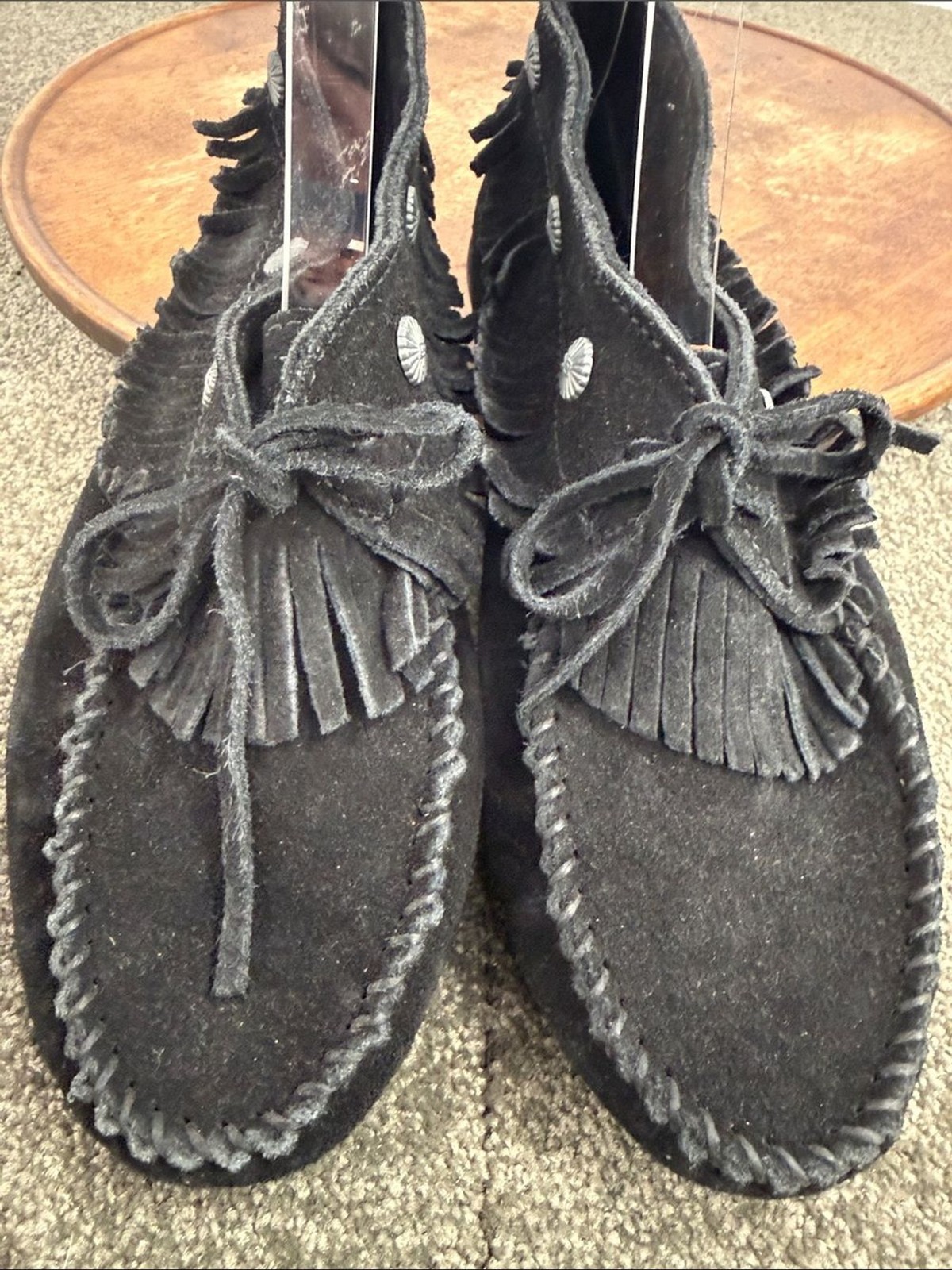 Minnetonka Shoes Wm 9 Black Leather Moccasin Fringe Studded Bootie Boho Hippie