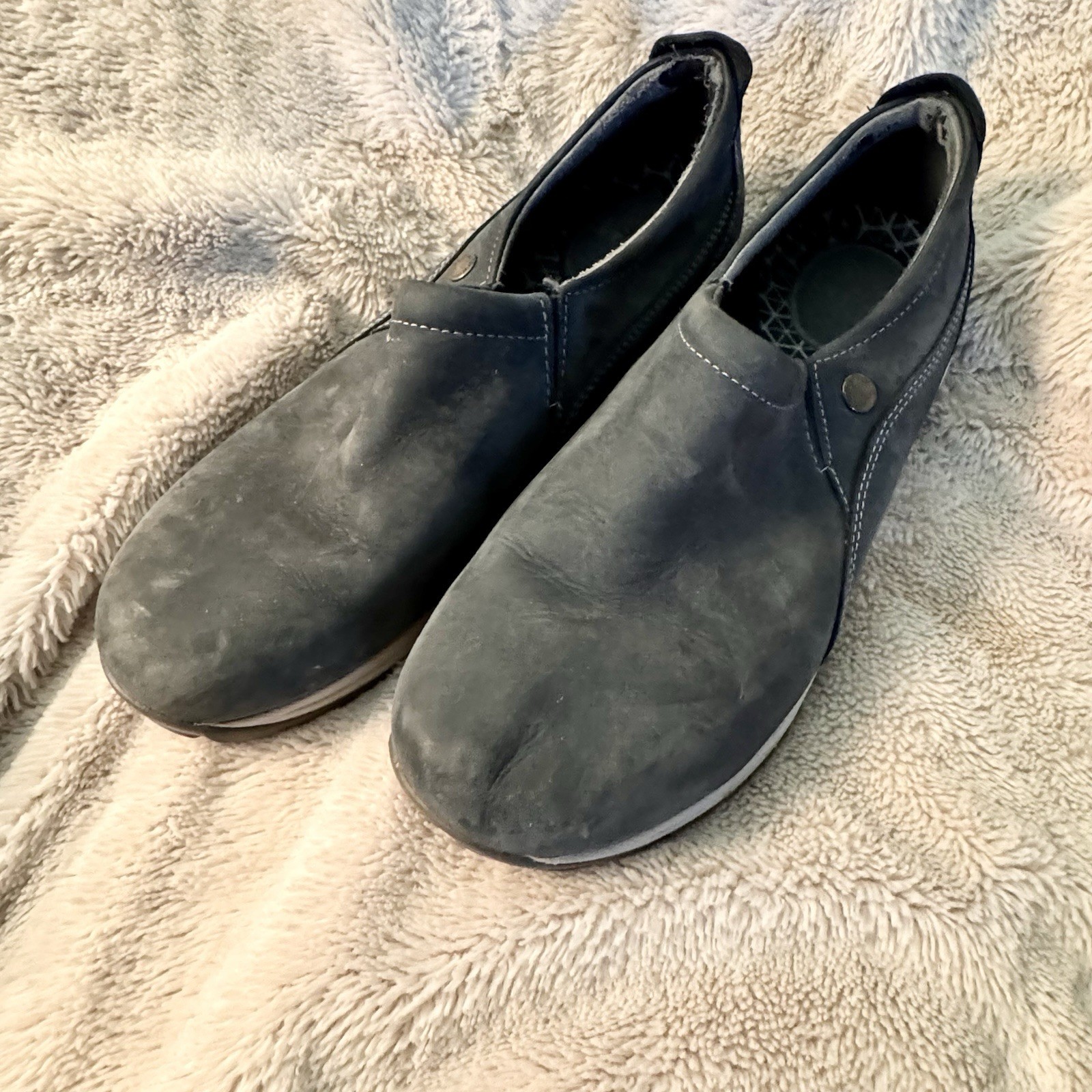 Dansko Patti Shoe Women 39 8.5-9 Gray Blue Nubuck Slip On Vibram Waterproof Clog