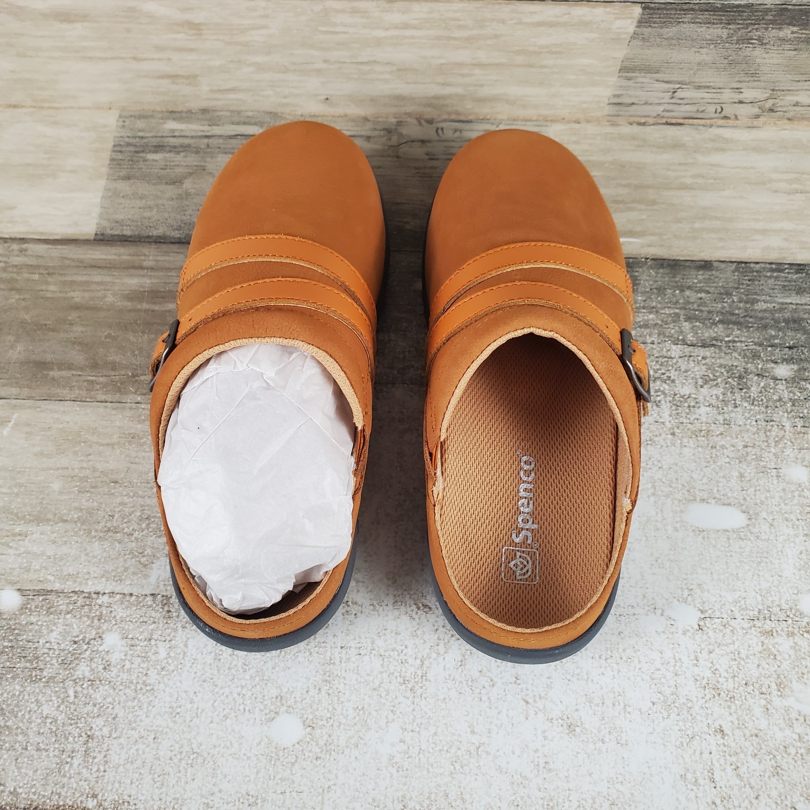 Spenco Sydney Womens Mules Sz 5.5 W Cognac Leather Comfort Slip On Round Toe