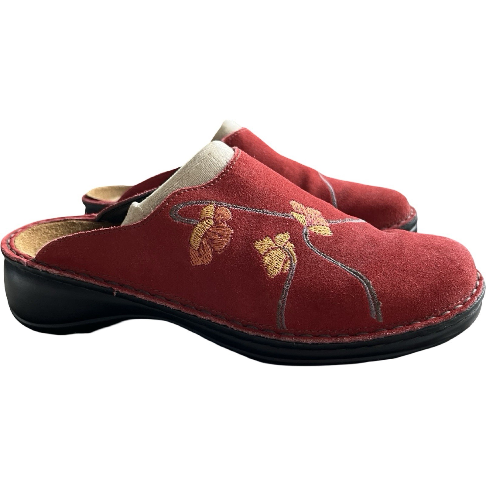 NAOT Size 38 Mule Shoes Red Suede Embroidered Flowers US Size 7.5 Slip On