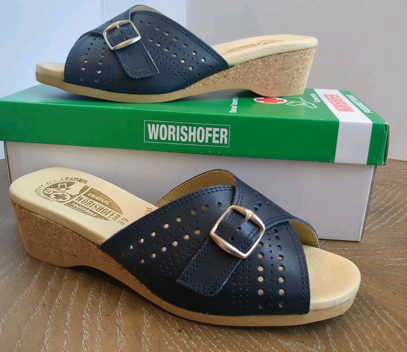 Worishofer 251P Women’s Navy Blue leather Cork Wedge Slide Sandal US 8.5 Eur 39