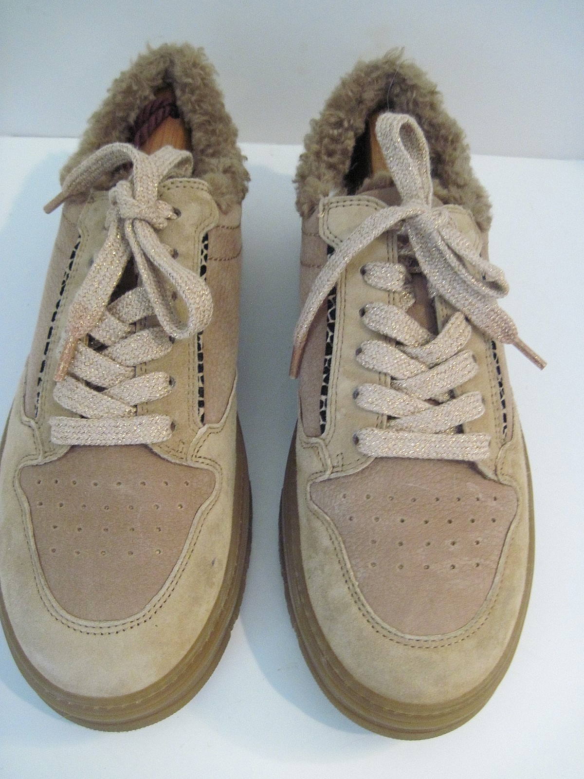 Paul Green Super Soft Beige Brown Nubuck Sneakers Faux Fur Lace Up Size UK 5 1/2