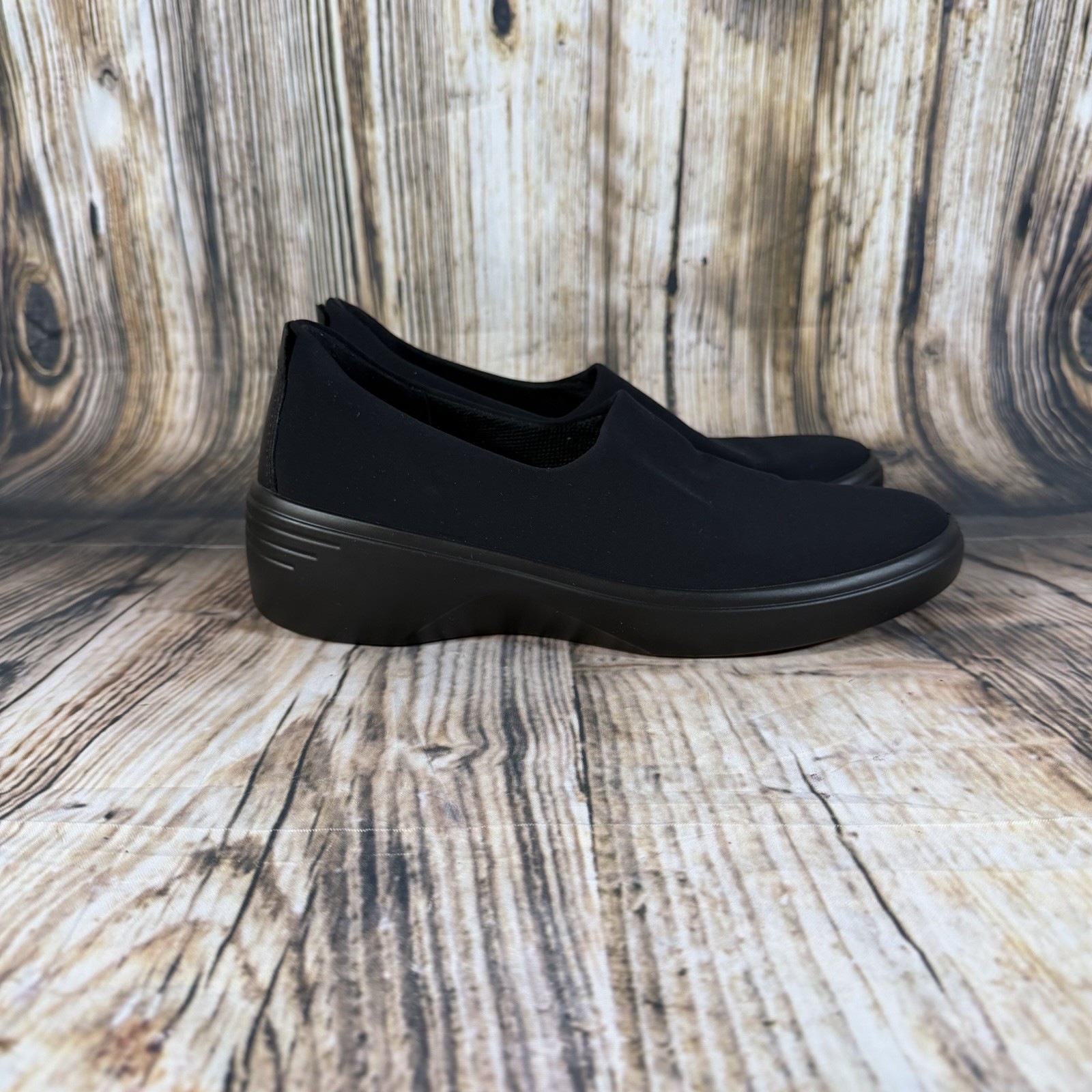 Ecco Danish Design Black Stretch Wedge Slip On Shoes EU 39 US 8.5 Mom Travel