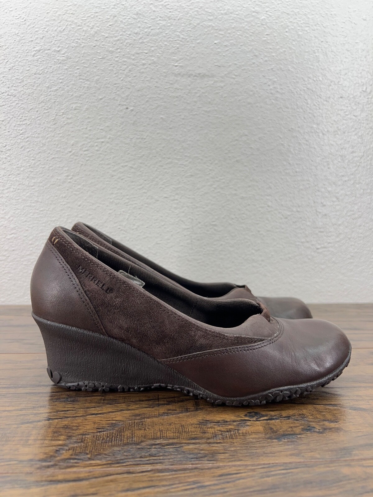 Merrell Lotus Brown Wedge Womens 7 Leather Comfort Vibram Soles Casual