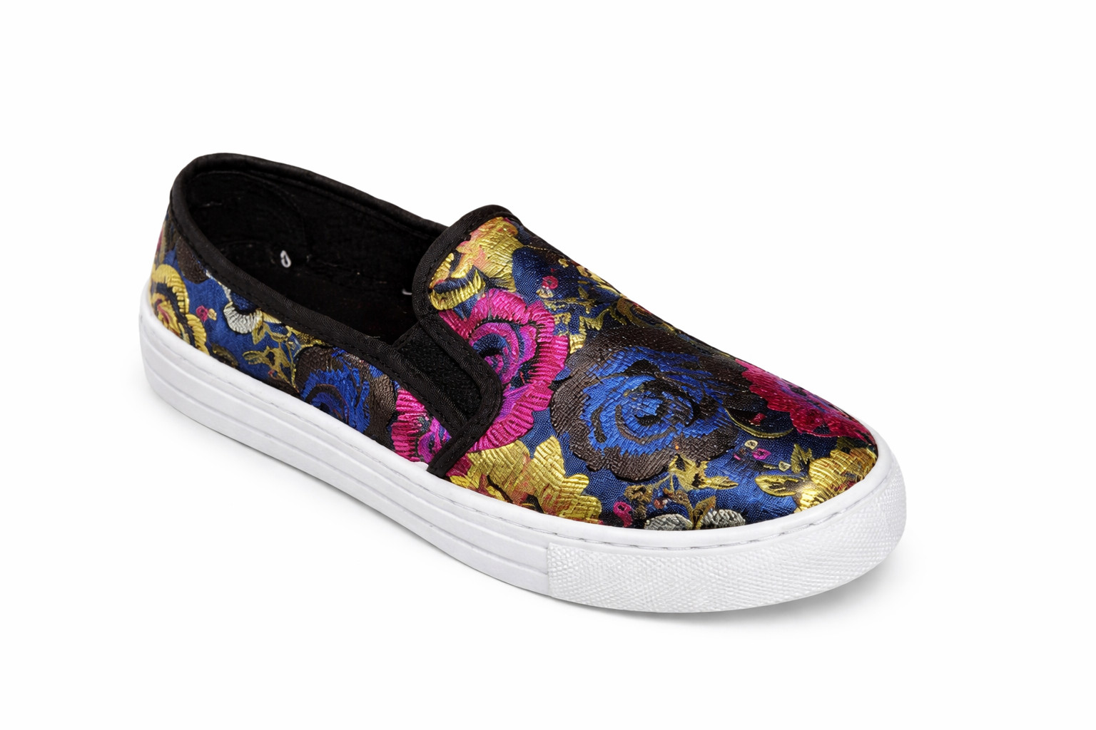 Qupid Reba-159C Women Slip-On Sneakers Floral Brocade Casual Loafer Shoes