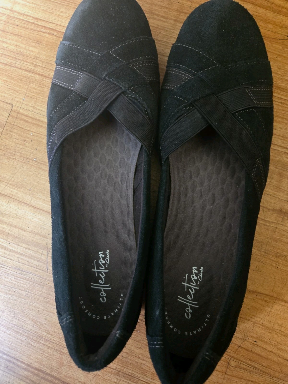 black suede Clarks Haley Jay slip-on comfort flats, crisscross elastic Straps