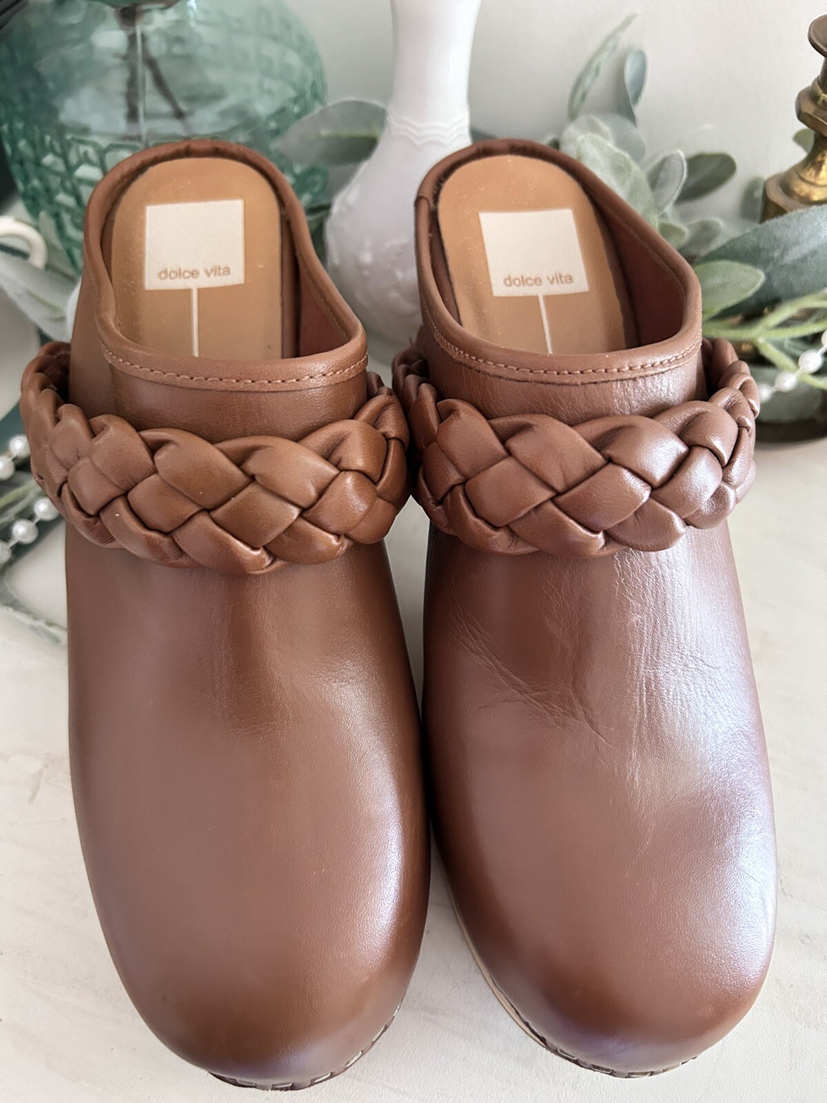 Dolce Vita Hila Braided Mule Clog Heel Saddle Leather Brown Women’s Size 9.5