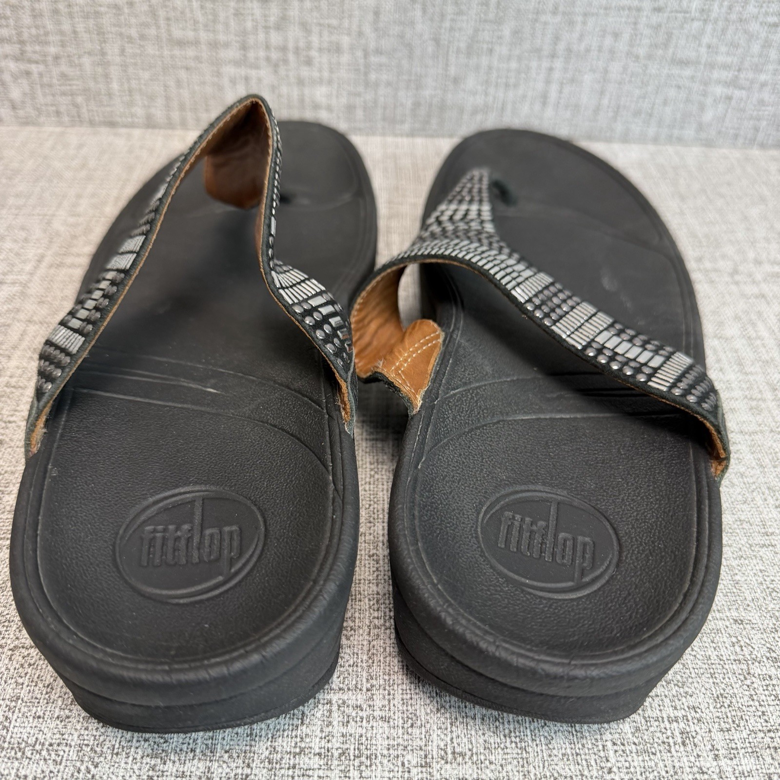 FitFlop Sandals Women’s Size 10 Black Strobe Luxe Flip Flop Thong Rhinestones