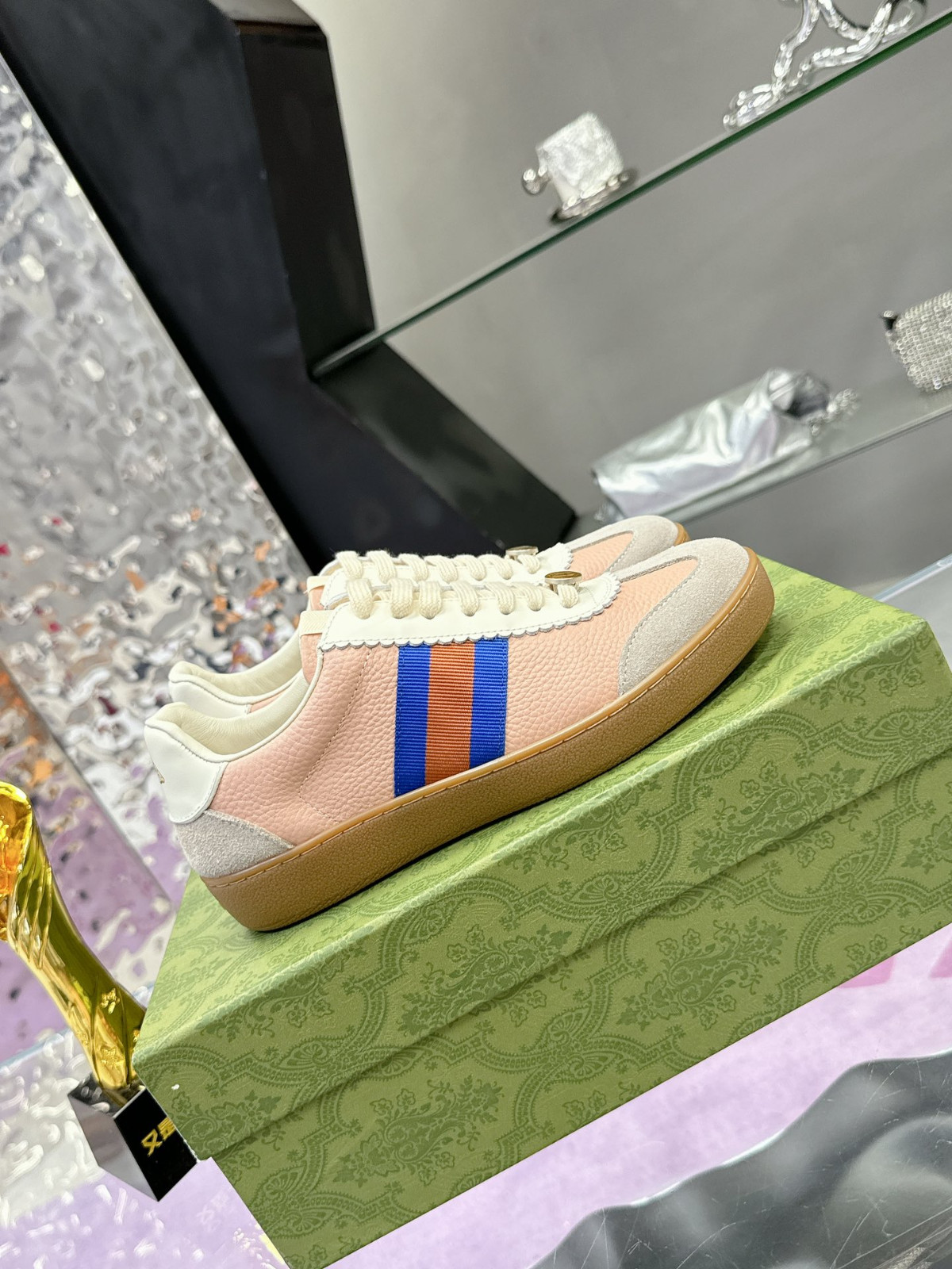 Gucci Pink Grey Suede Web Stripe Vintage German Trainer Women’s Sneakers