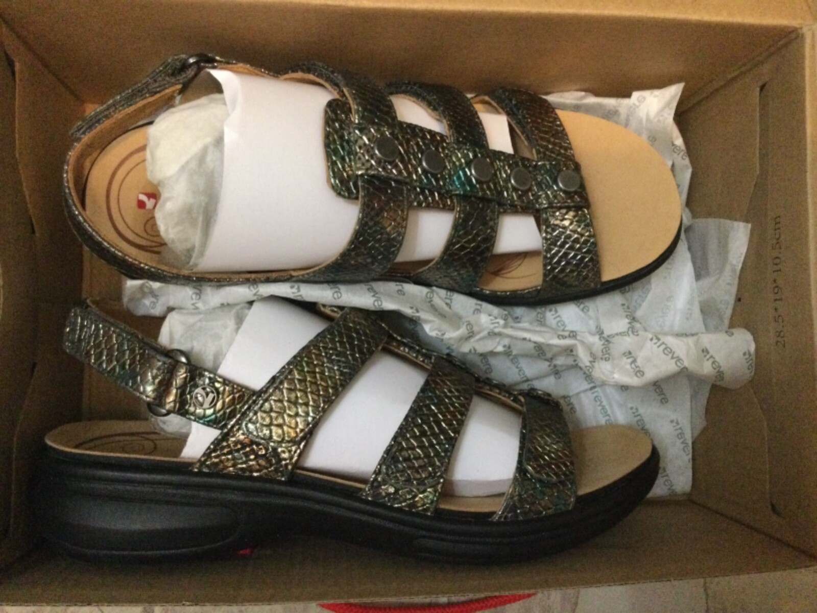 New $169 Revere Toledo Peacock Python Snake Black Slingback Sandals Women 6 M