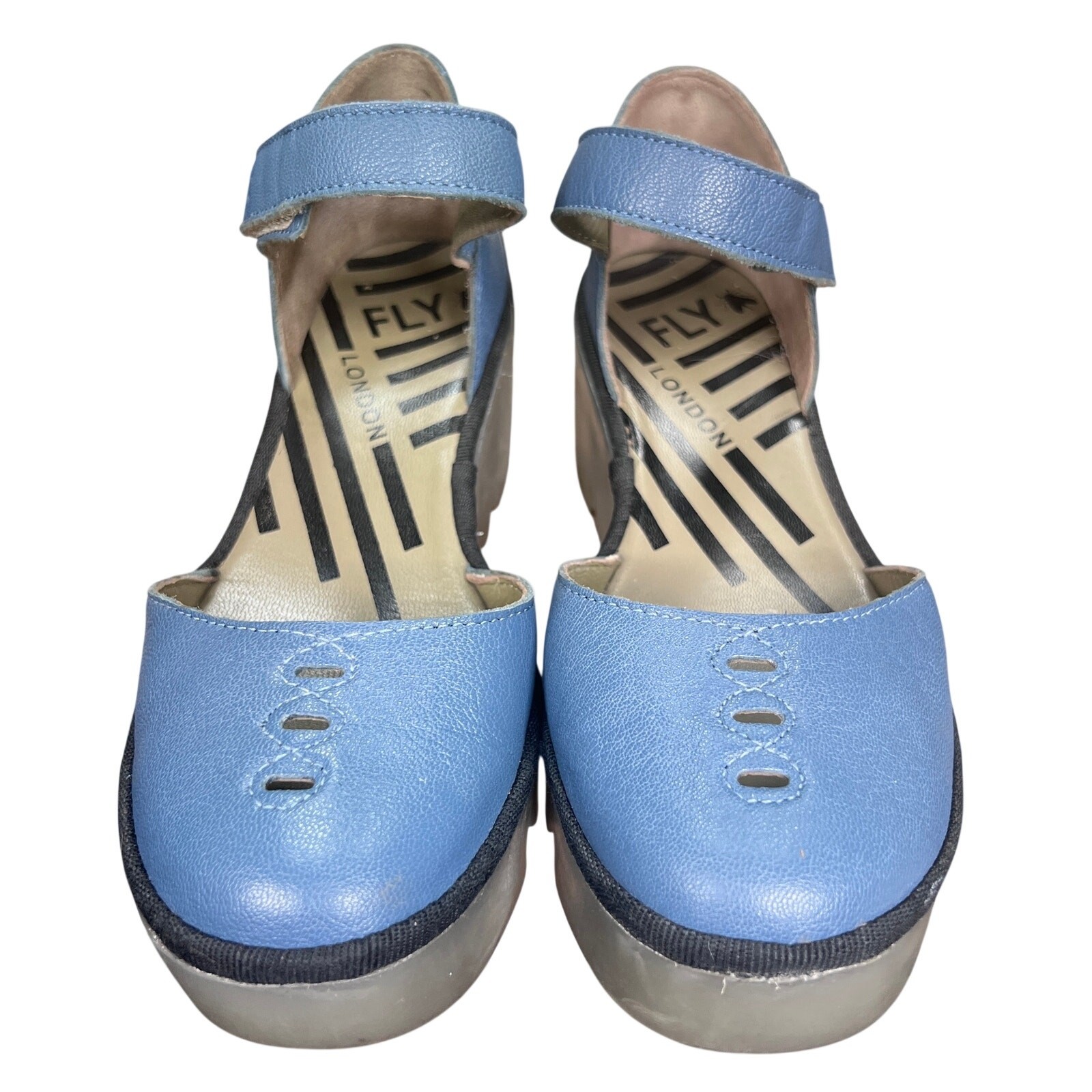 Fly London Biso305 Blue Leather Ankle Strap Cutout Wedges Size 38 US 7.5/8