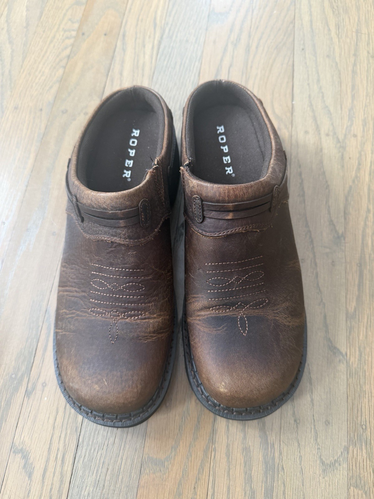 Roper Womens Size 8.5 Brown Leather Slip On Casual Western Cowboy Mule Shoes
