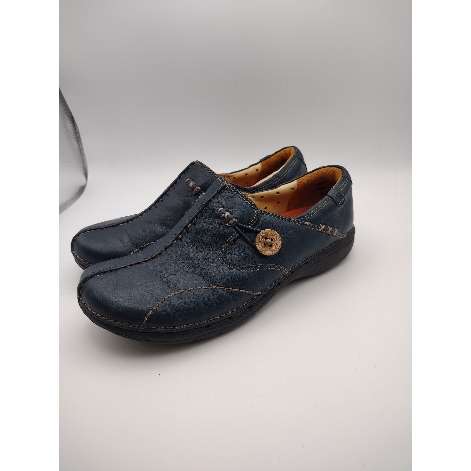 Clarks Unstructured Un.Loop Navy Blue Leather Slip On Loafers Womens 6.5 M 35074