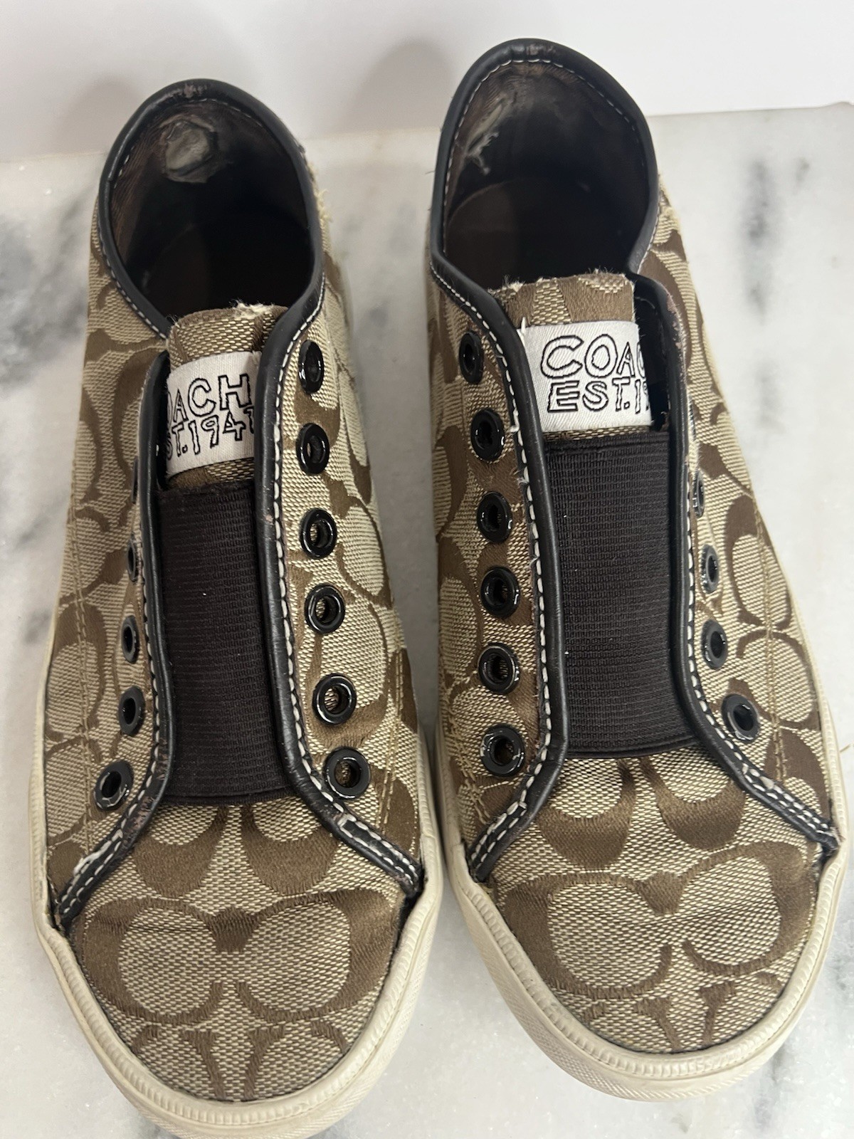Coach Bev Laceless Women’s Sz 6.5 Sneakers Brown/Tan Q586 Signature Poppy