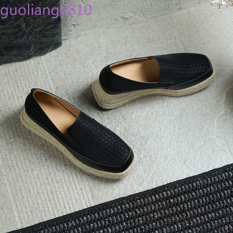 Weave Women’s Leather Casual Shoes Round Toe Platform Wedge Heel Loafer Platform