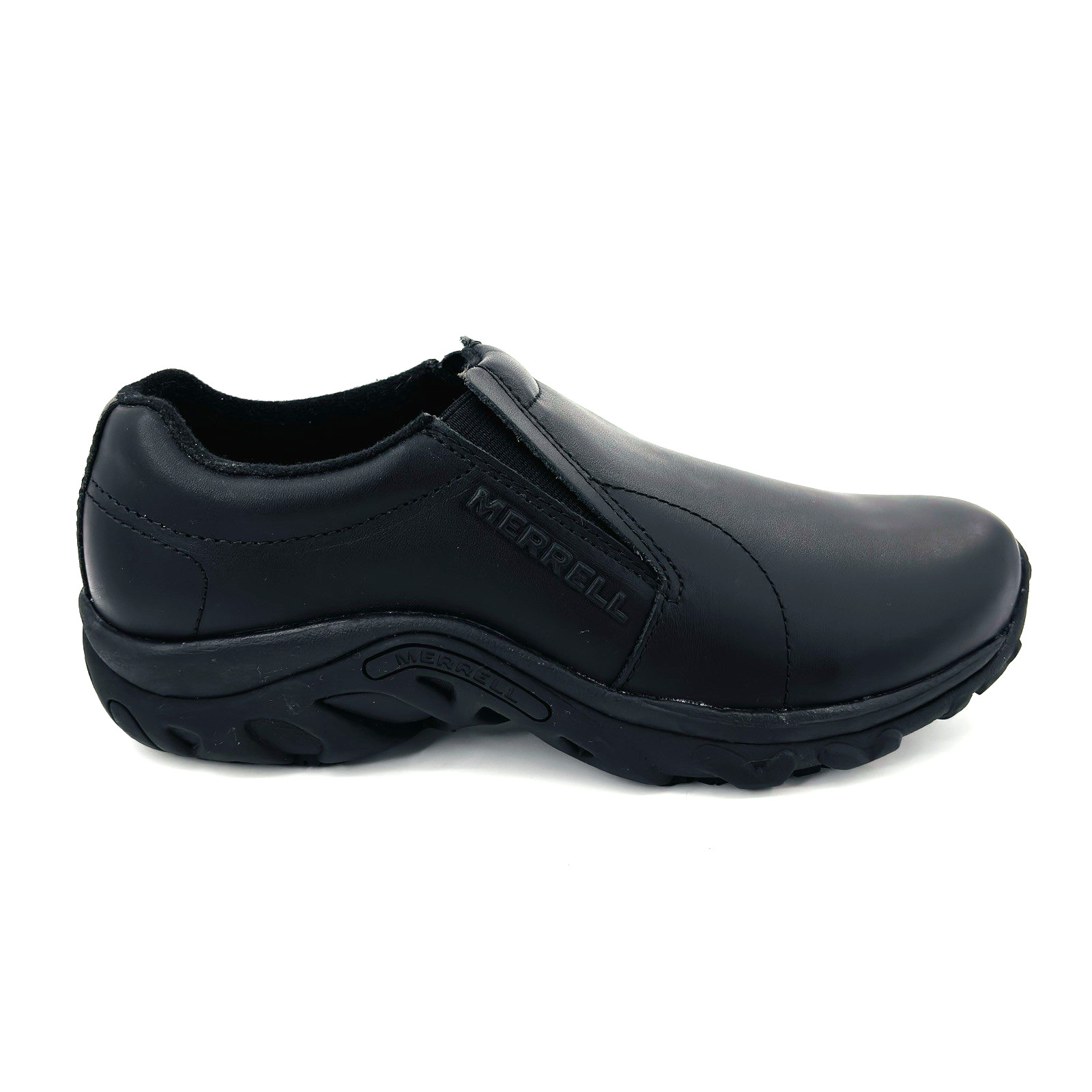 Womens 9 Merrell Jungle Moc Sure Grip Slip Resistant Black Leather Loafer J61132