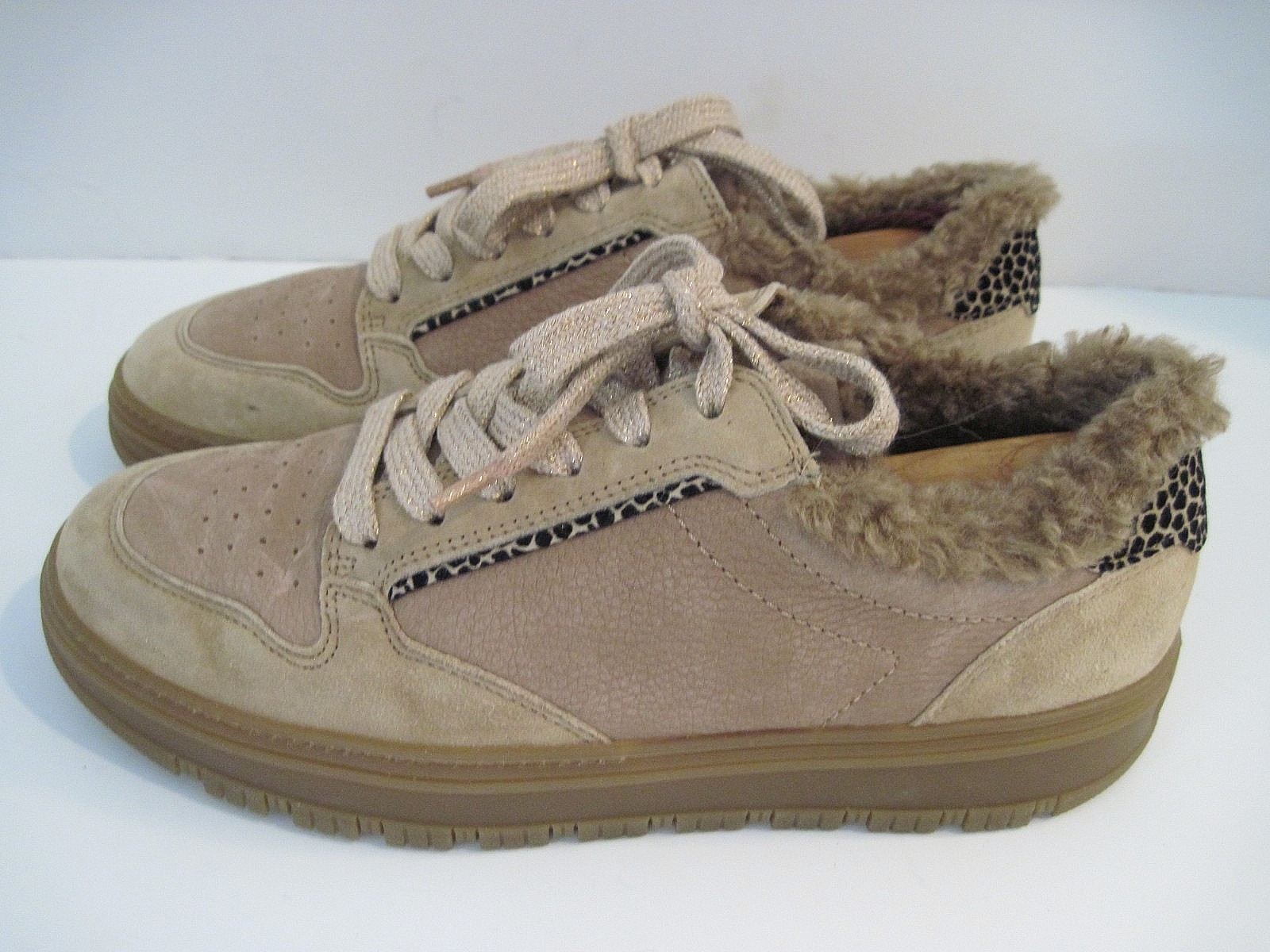 Paul Green Super Soft Beige Brown Nubuck Sneakers Faux Fur Lace Up Size UK 5 1/2