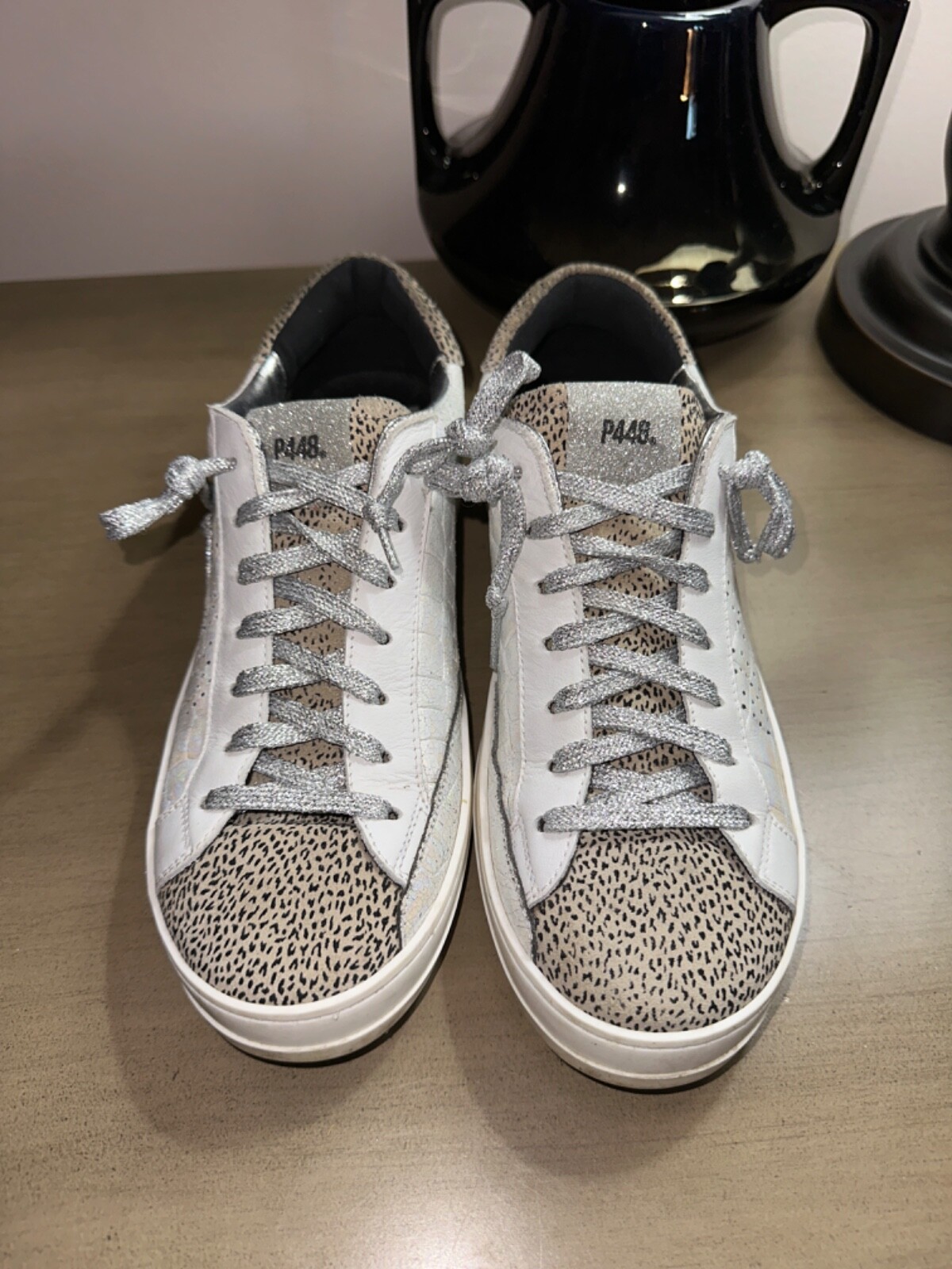 P448 John Pearl/white/spotted leather sneakers shoes w’s 10.5 EU 41 $298 Italy