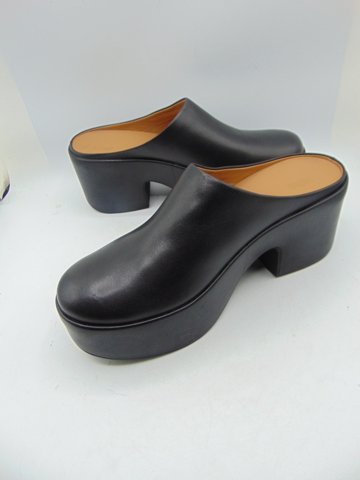 FITFLOP Pilar Black Leather Platform Block Heel Slip On clogs Mule Sz 8 NEW