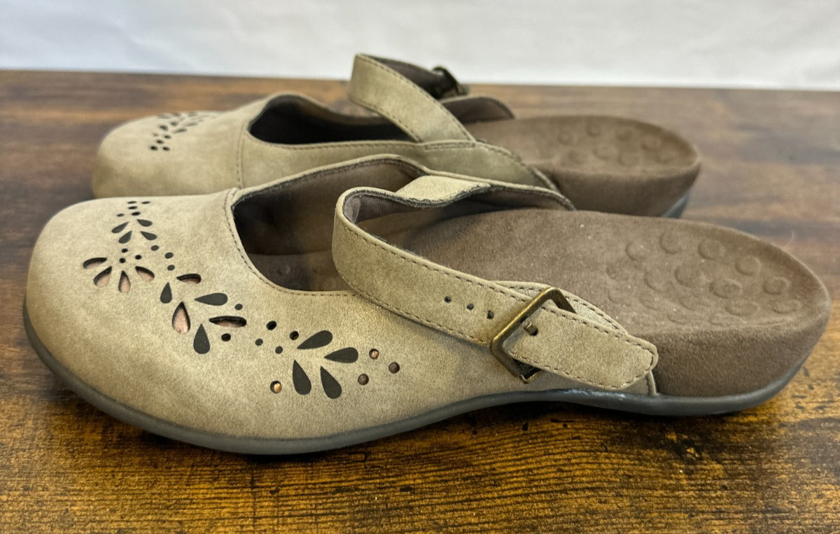 Vionic Rest Midway Mary Jane Mules Taupe Laser Cut Floral Orthotic Shoes Size 8