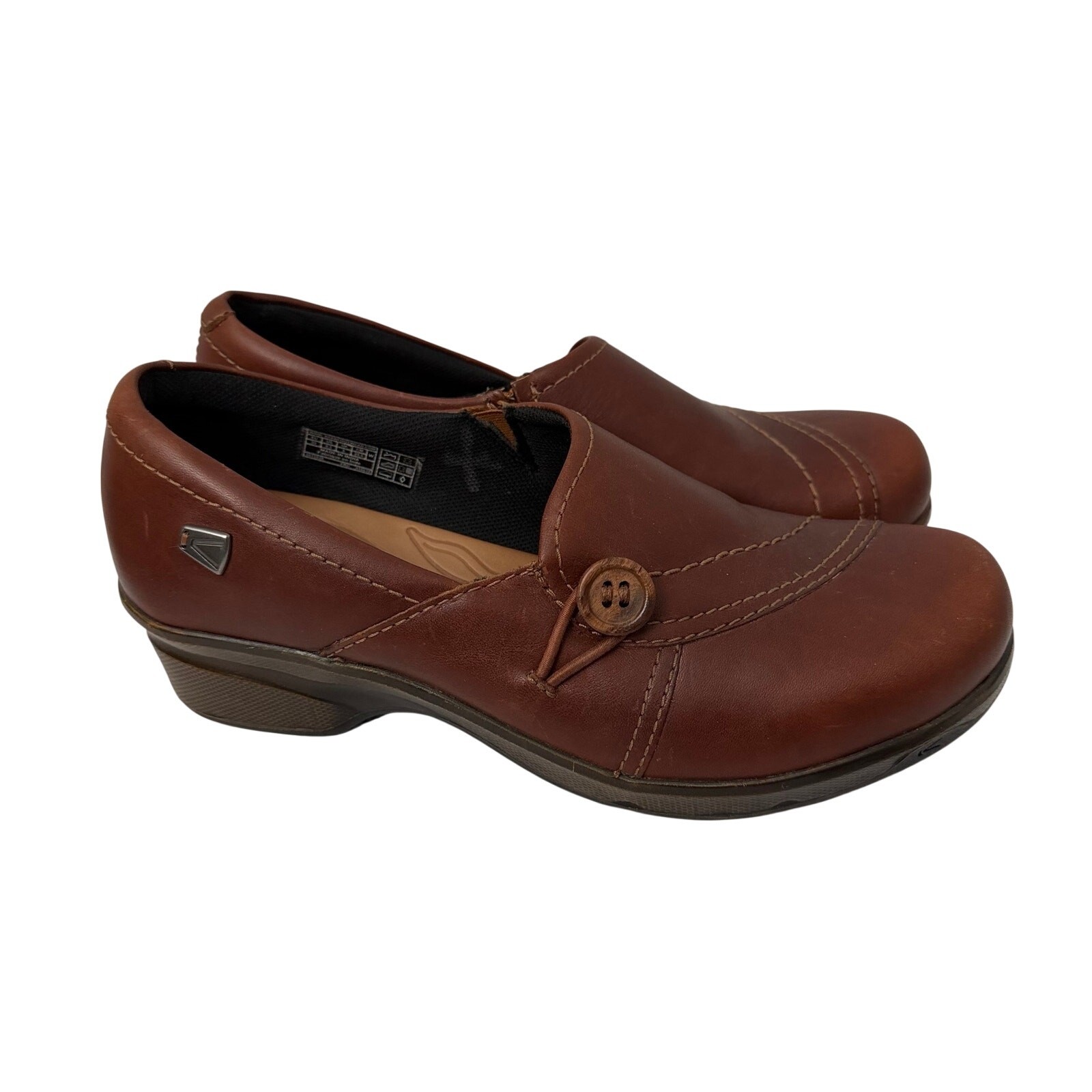 Keen Shoes Womens Size 8.5 Mora Button Slip On Wedge Brown Leather Comfort