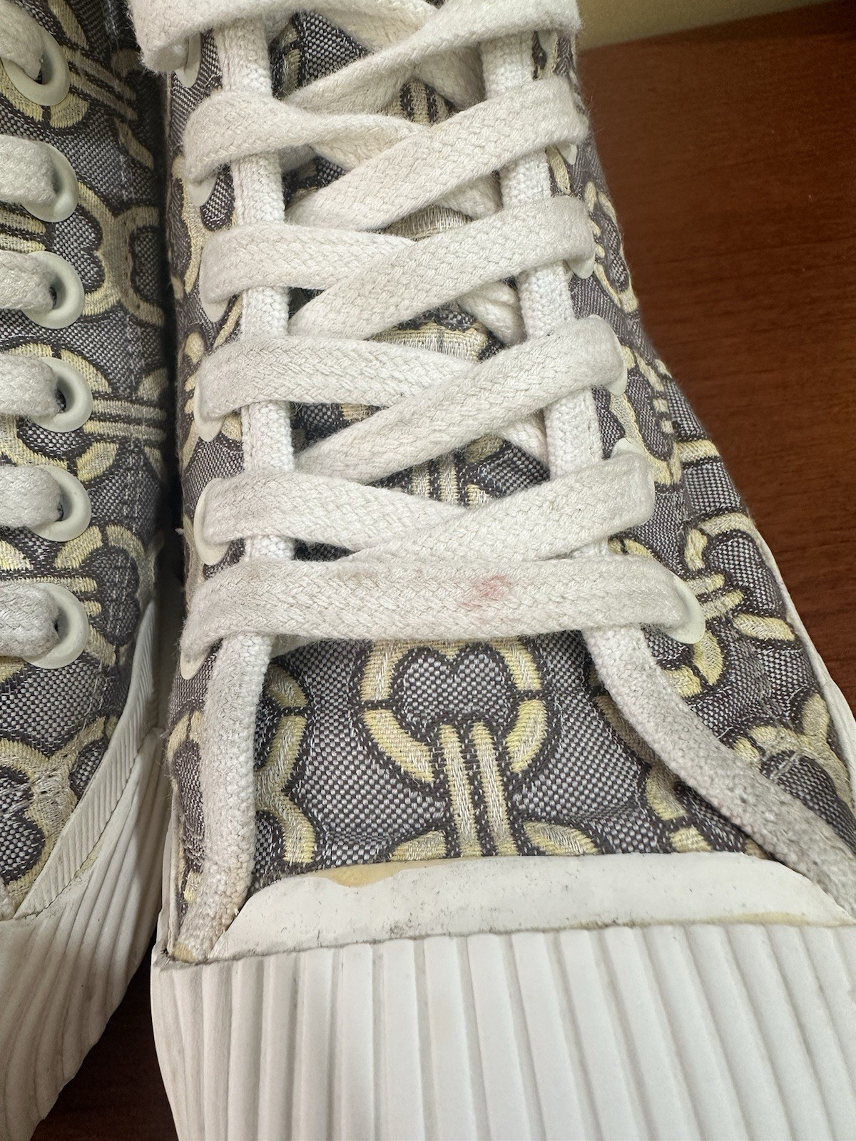 TORY BURCH “Buddy” Jacquard Sneakers White Beige Cap Toed High Top Shoes 7 M