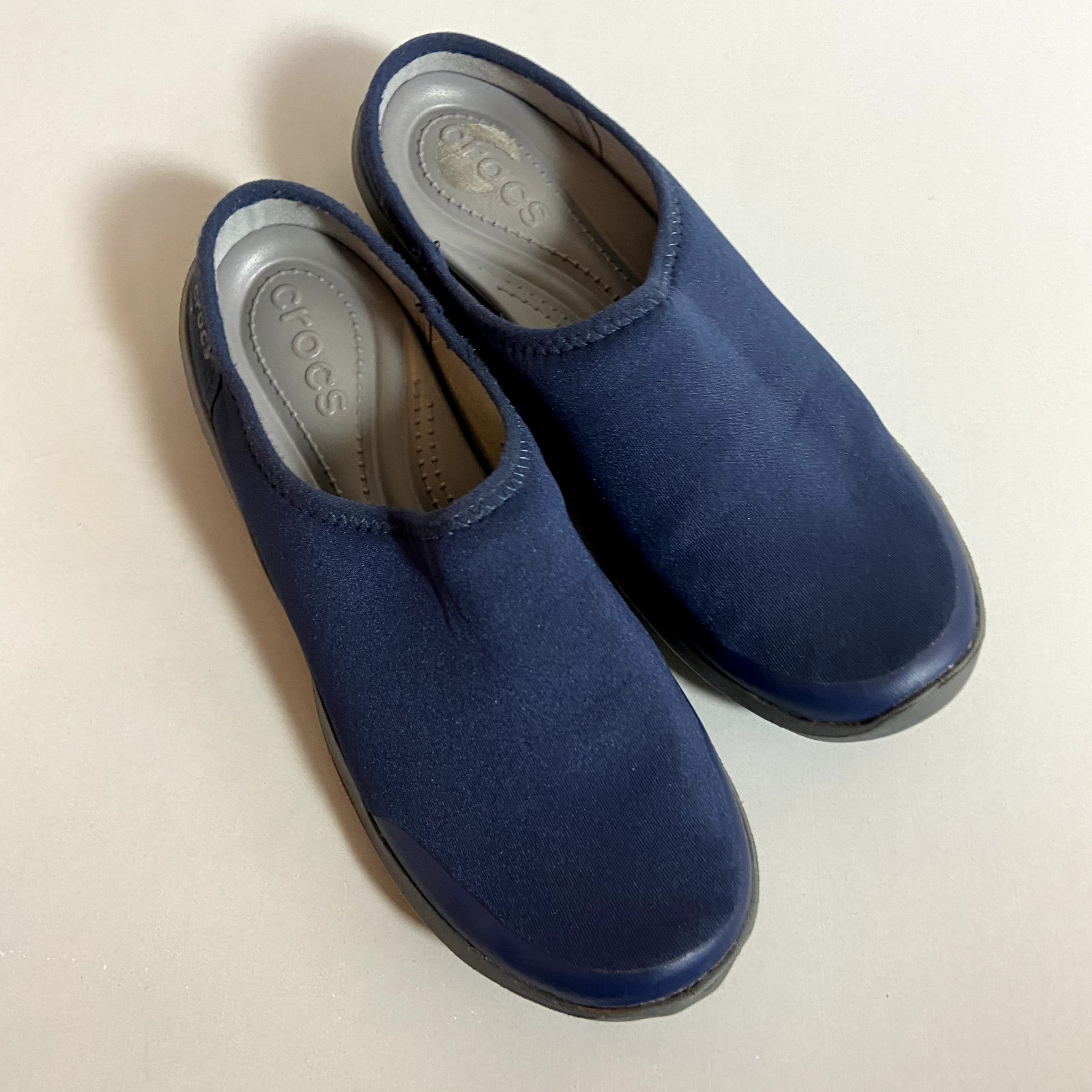 Crocs Womens Slip On Mules Cloth Sz 6 Blue Clogs Fabric Duet Busy Day No Backs
