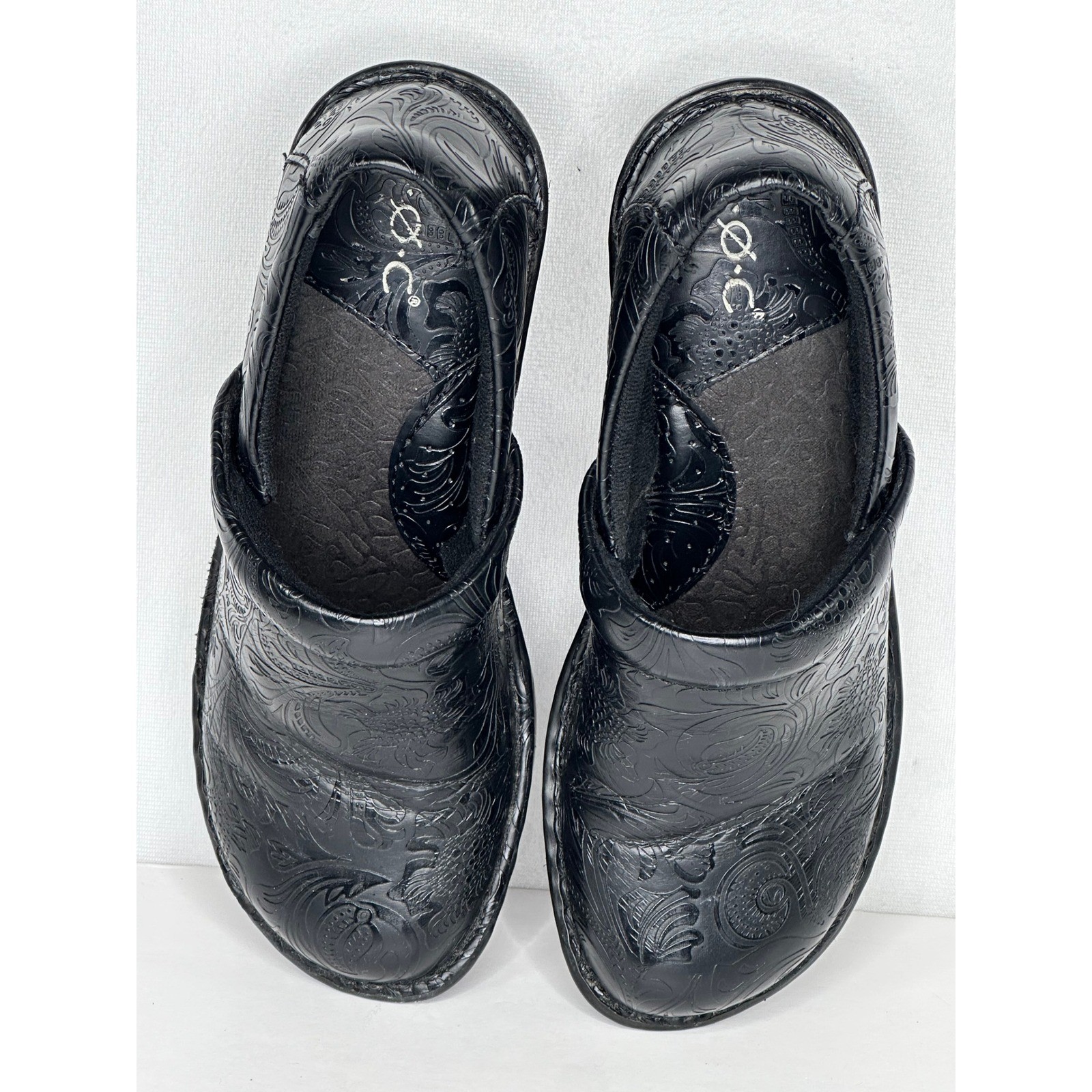 b.o.c. Born Concept Clogs Black Embossed Floral Paisley Bohemian Sz 7