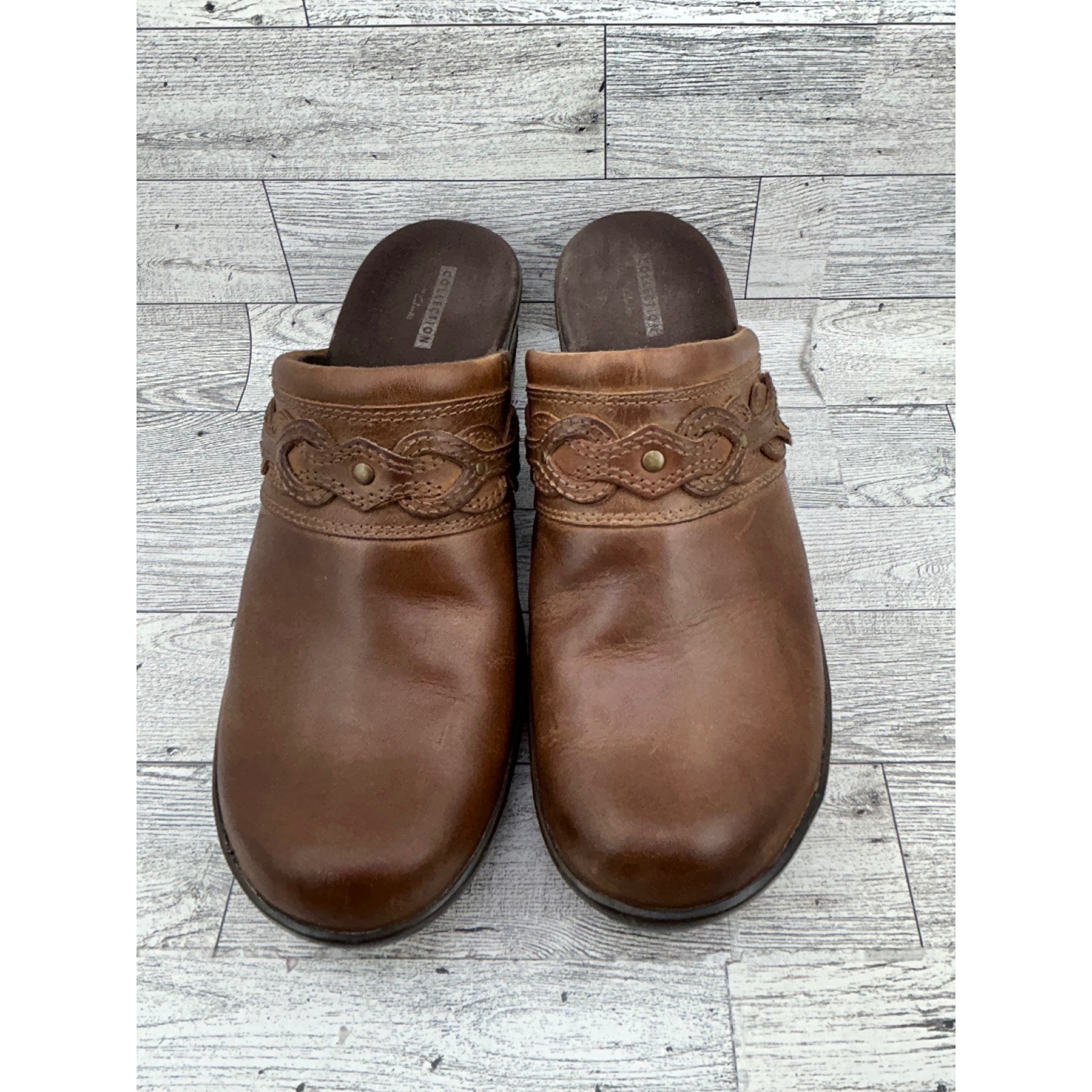 Clarks Collection Women Brown Leather Braided Mules Clogs Cushion Soft Sz 8.5 M