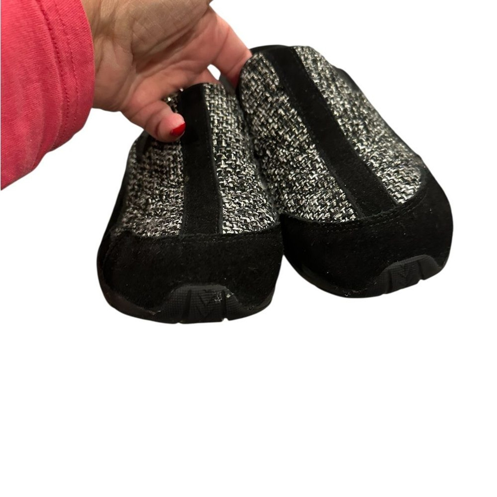 Easy Spirit Traveltime Black Gray Tweed Sequined Metallic Thread Mules Size 8.5