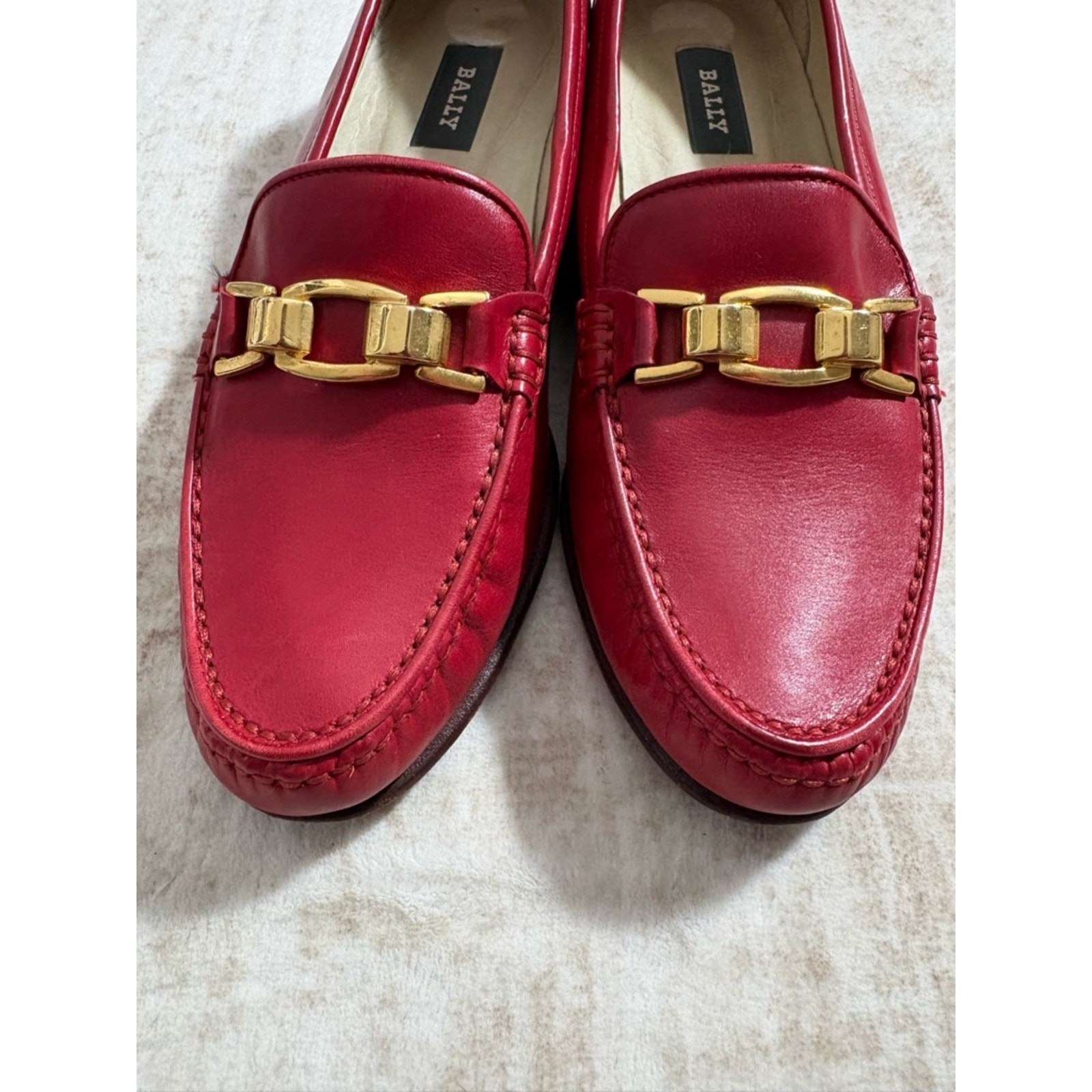 Bally Imogene Red Leather Loafers 7.5N Made In Italy Gold Bit Classic Luxury