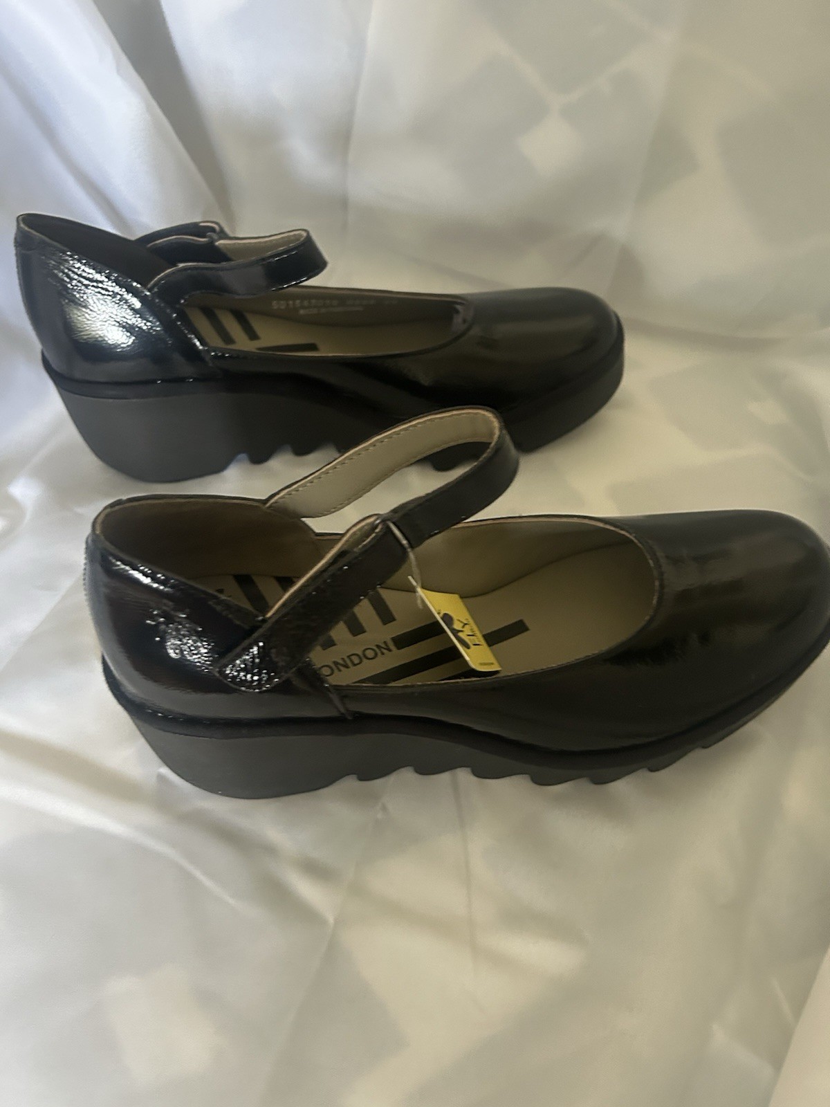 FLY London Black Patent Leather Mary Jane Wedge Hook & Loop Strap US 10