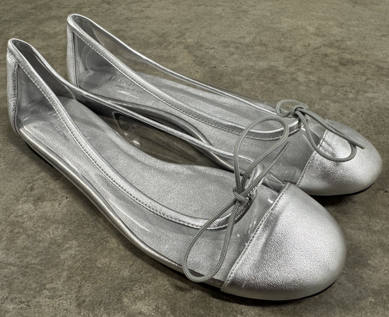 Jon Josef Ballet Flats Shoes Sz 8.5 M Silver Leather Clear PVC Slip-On Spain NEW