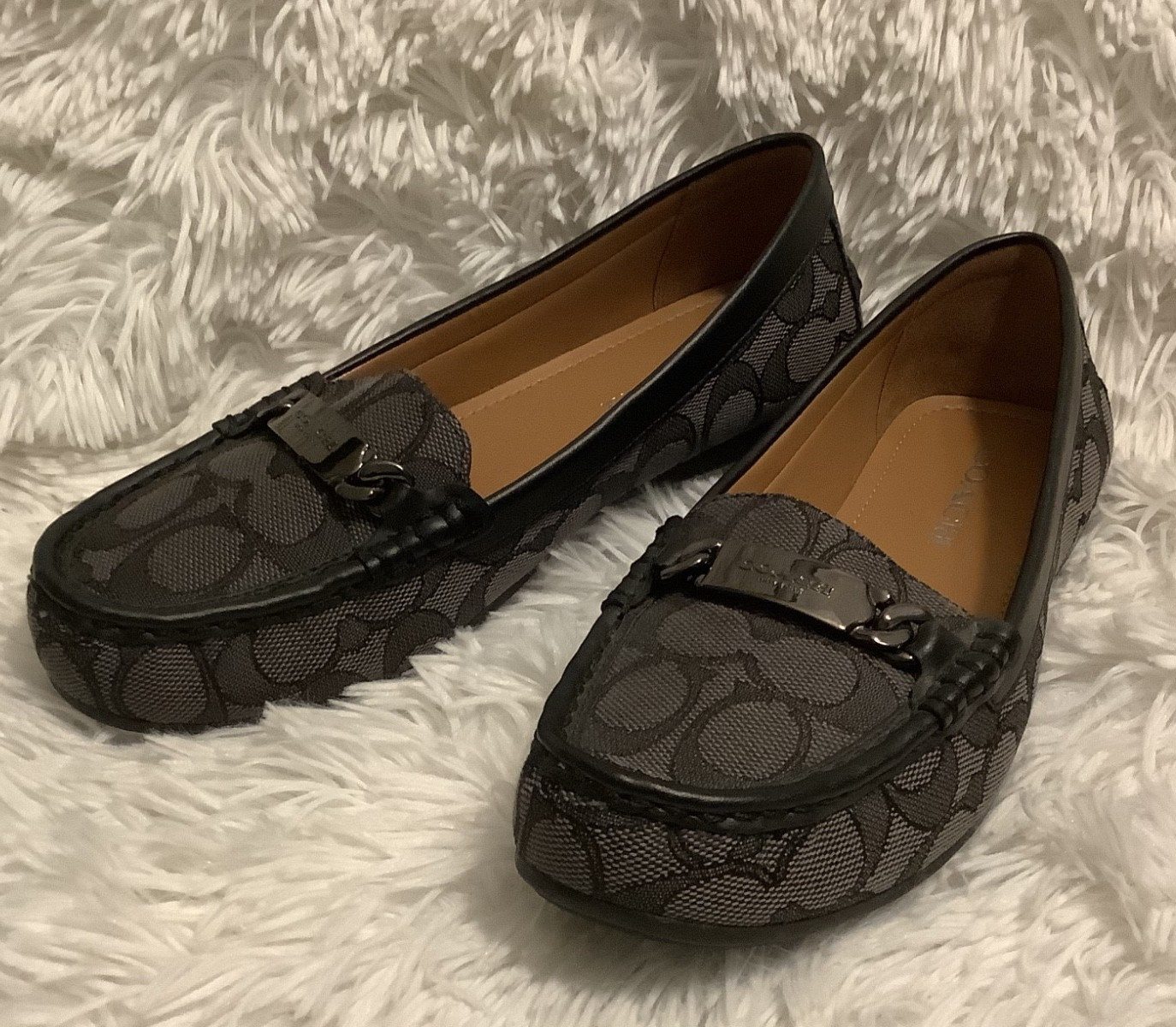 NEW COACH OUTLINE SIGNATURE C JACQUARD Driver Loafers BLACK SMOKE SIZE 36