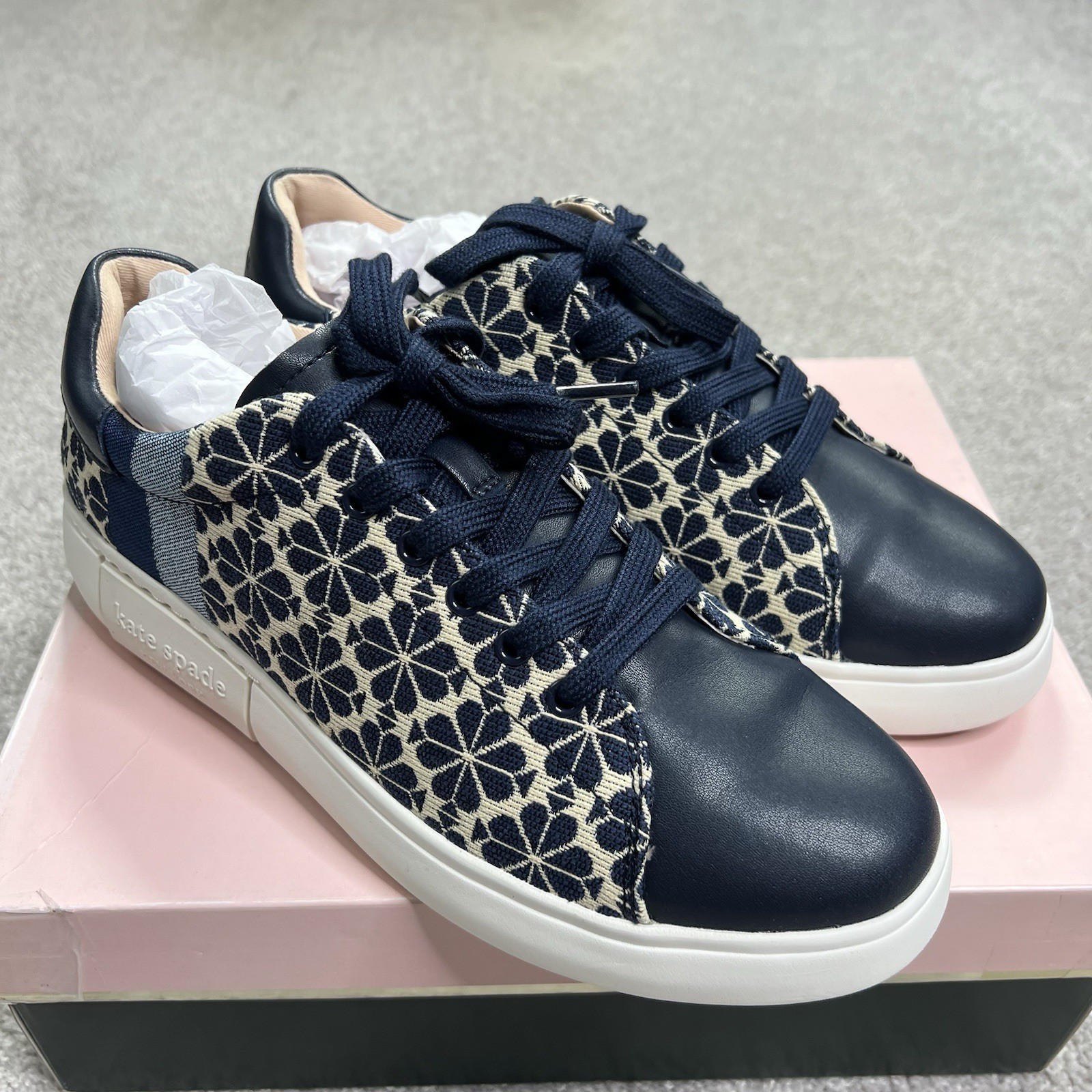 Kate Spade Keswick Blue & Light Taupe Geometric Flower Stripe Sneaker Size 10B