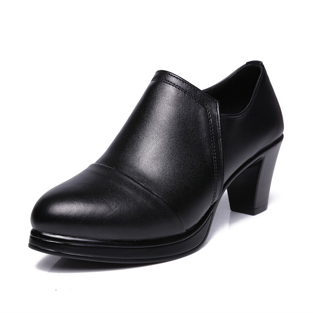 Women’s Block Heel Loafers Soild Color Slip On Work Shoes Fashion Platform Pumps