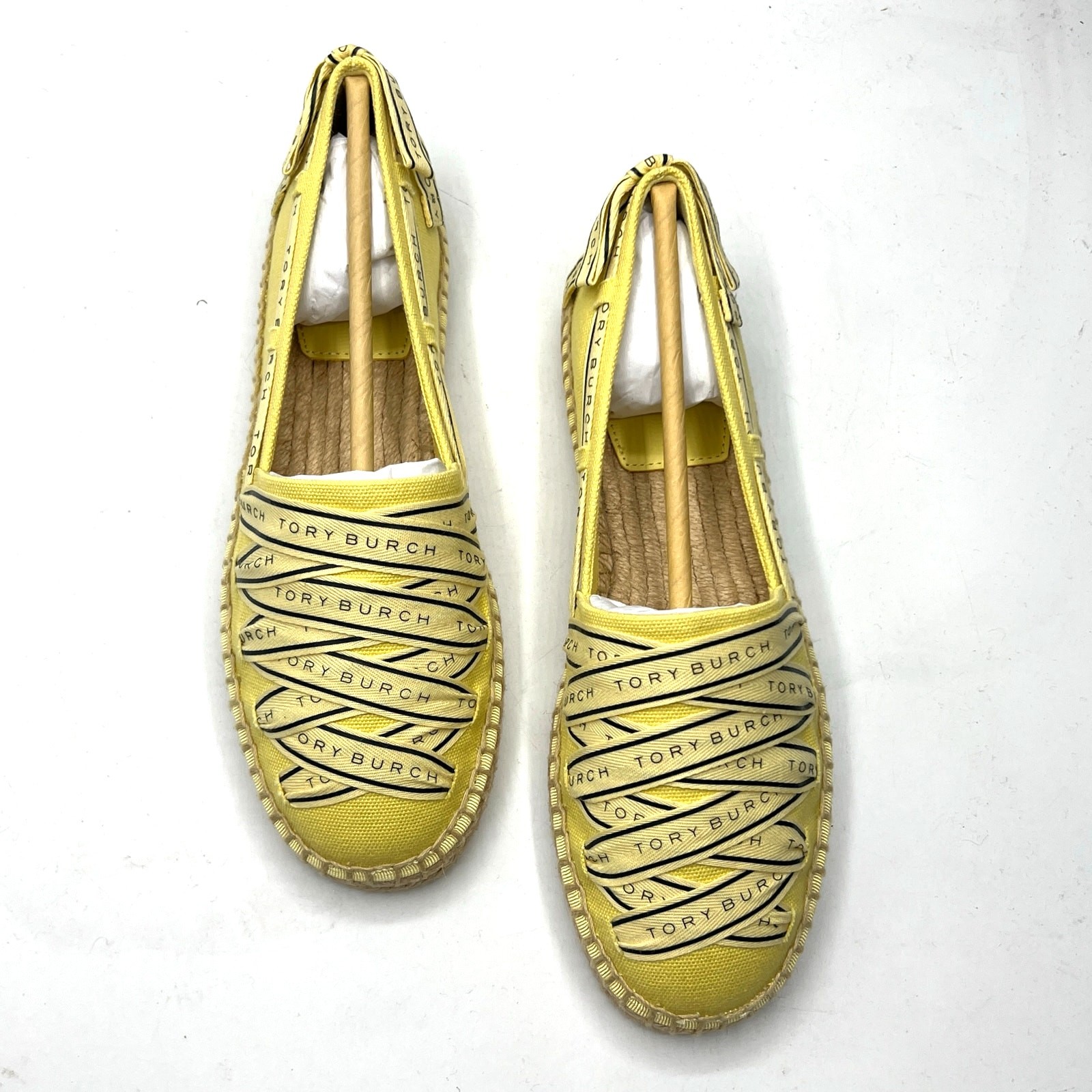 Tory Burch Tory Ribbon Espadrille Blonde Straw Dark Seaweed Yellow Size 7 NEW