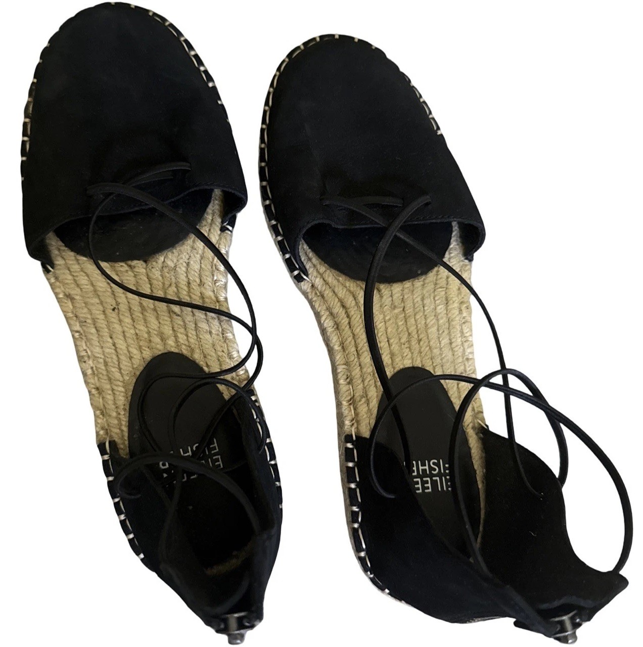 Eileen Fisher Women’s Espadrille Shoe Size 7 Elastic Lace Ankle Strap Flat Black