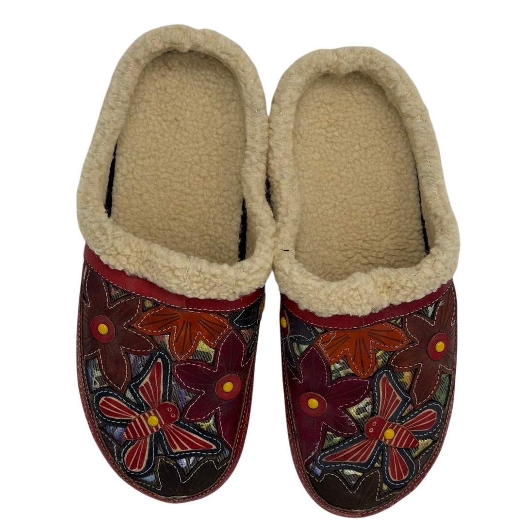 Embroidered Leather Shearling Lined Clogs EU 38 Boho Mule