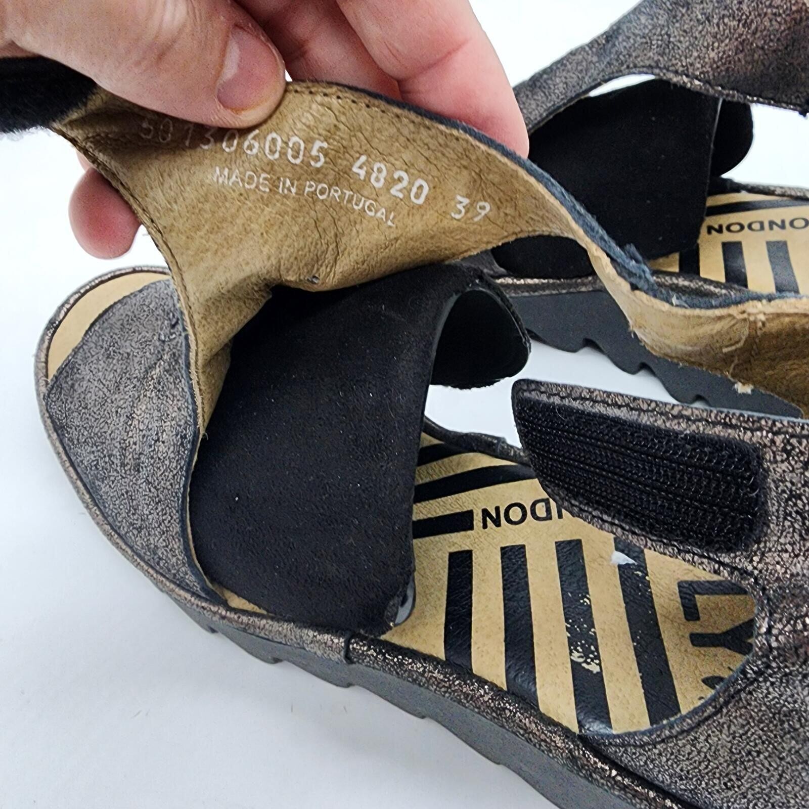 FLY LONDON Bezo Graphine Leather Wedge Sandals 39 worn once 8 8.5