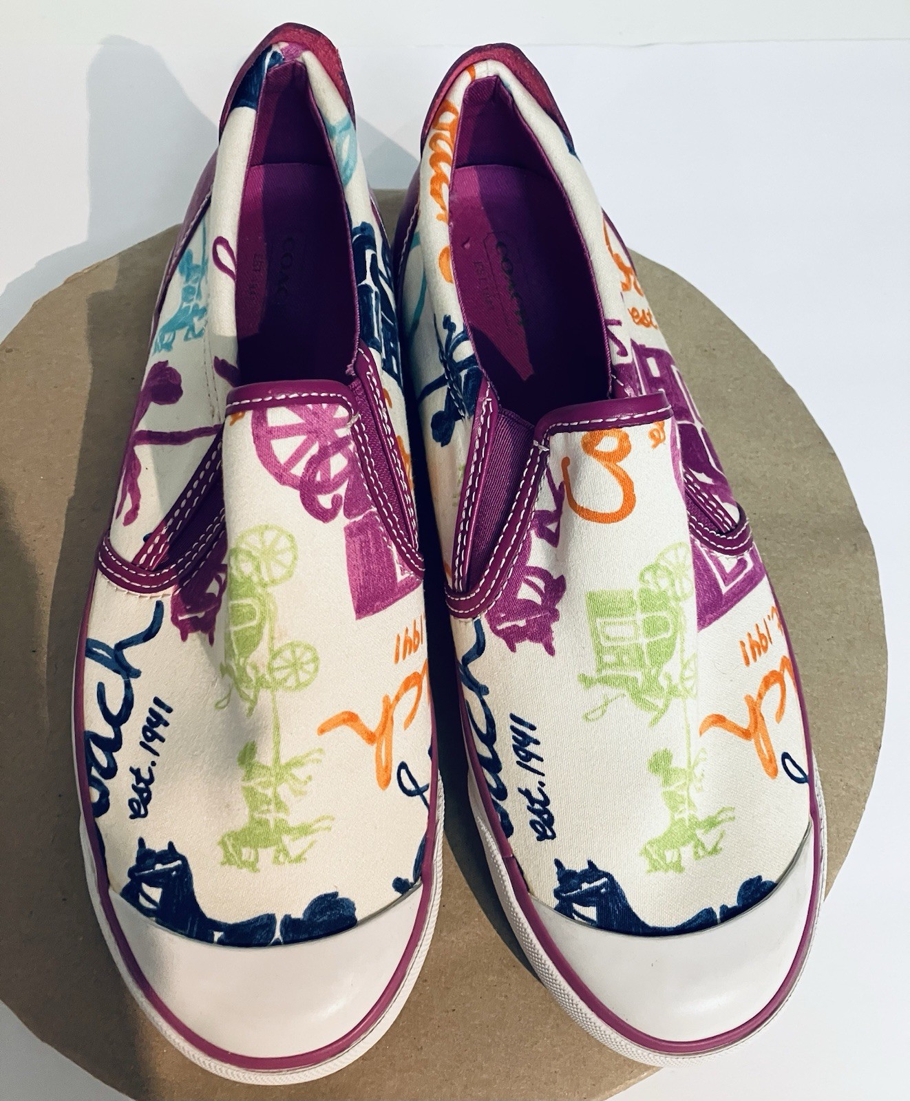 Coach Beale Slip On Sneakers White Multi-color Scribble Logo Signature Women 8.5