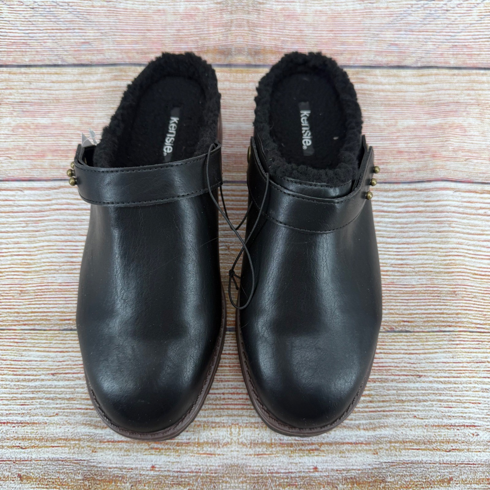 Kensie Wrylie Black Faux Leather Faux Fur Lined Lug Sole Clogs Mules KS252500 8