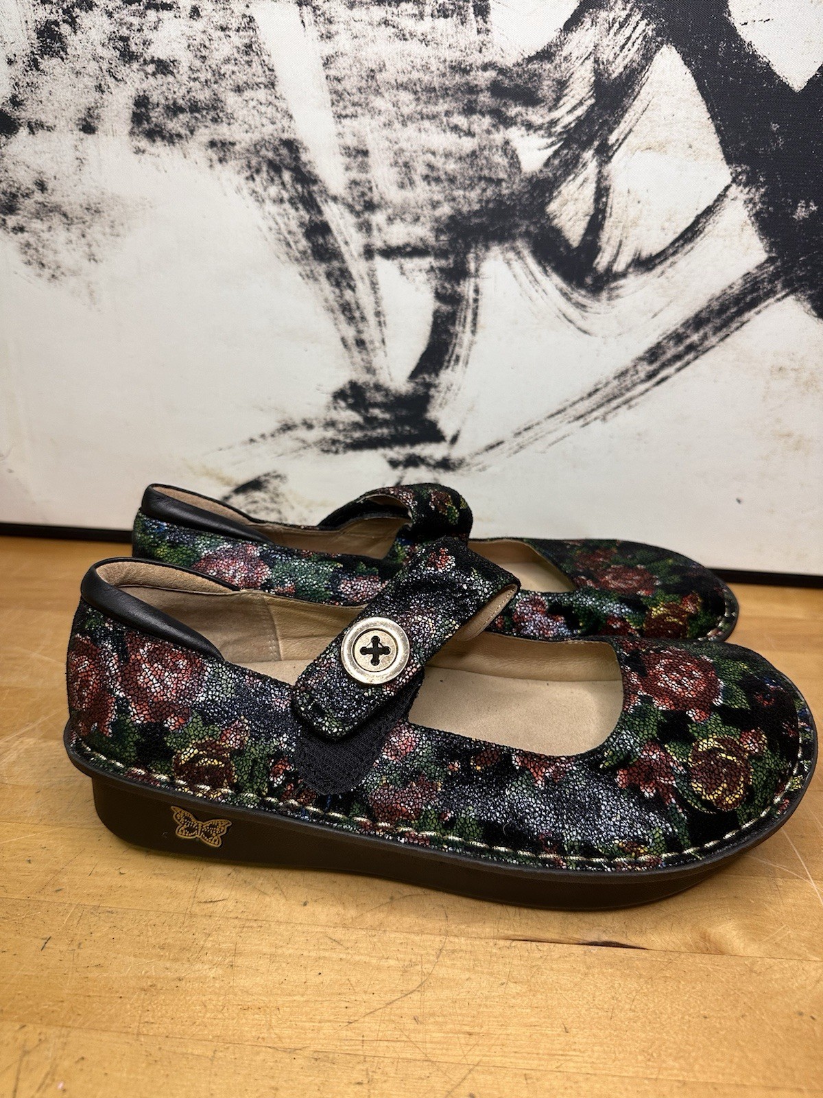 Alegria Paloma Mary Jane Rose Nursing Black Floral Shoe Pal-315 Size 41-10.5