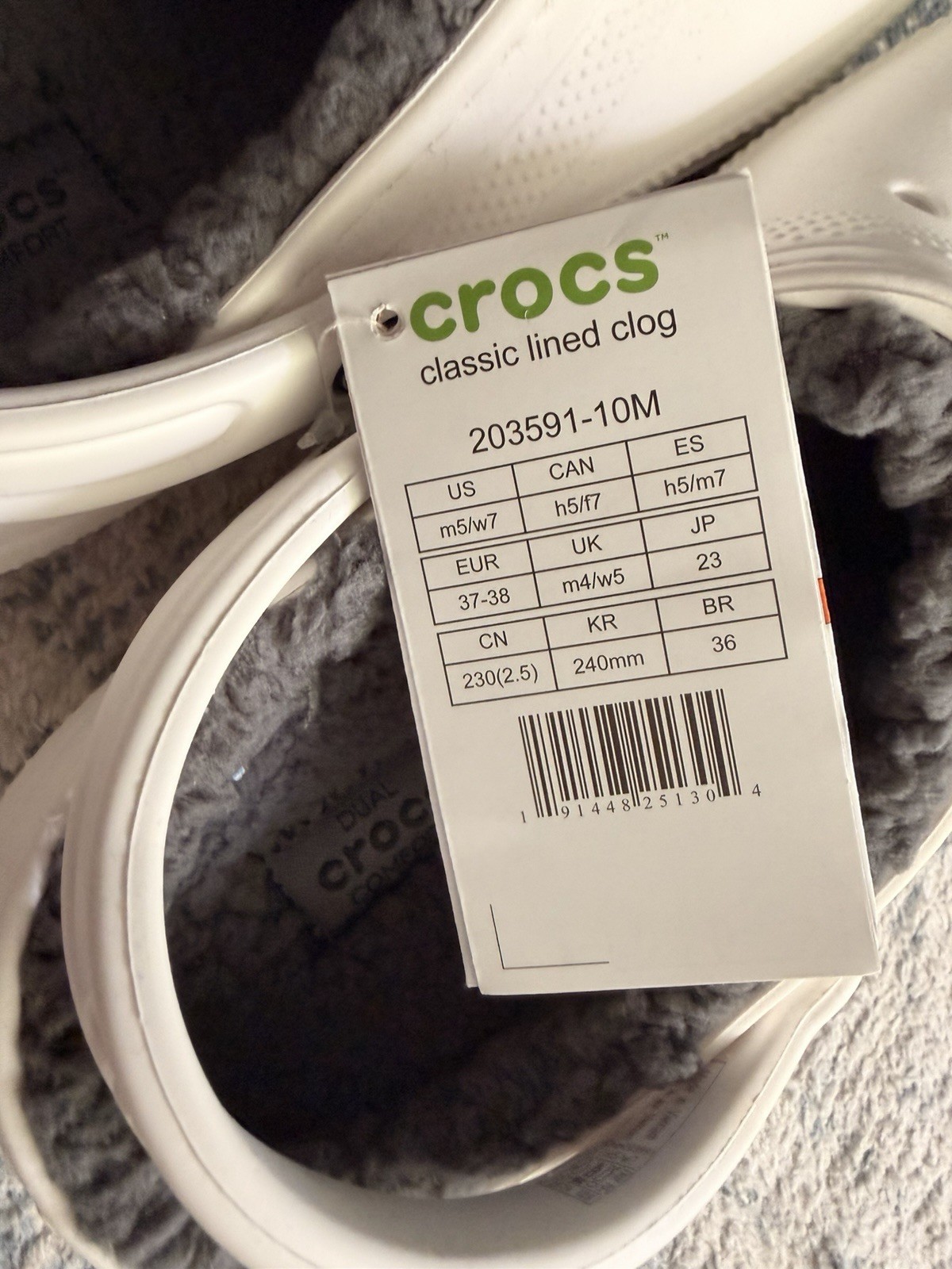 NWT Crocs Classic Lined Clog, White/Smoke, M5/W7
