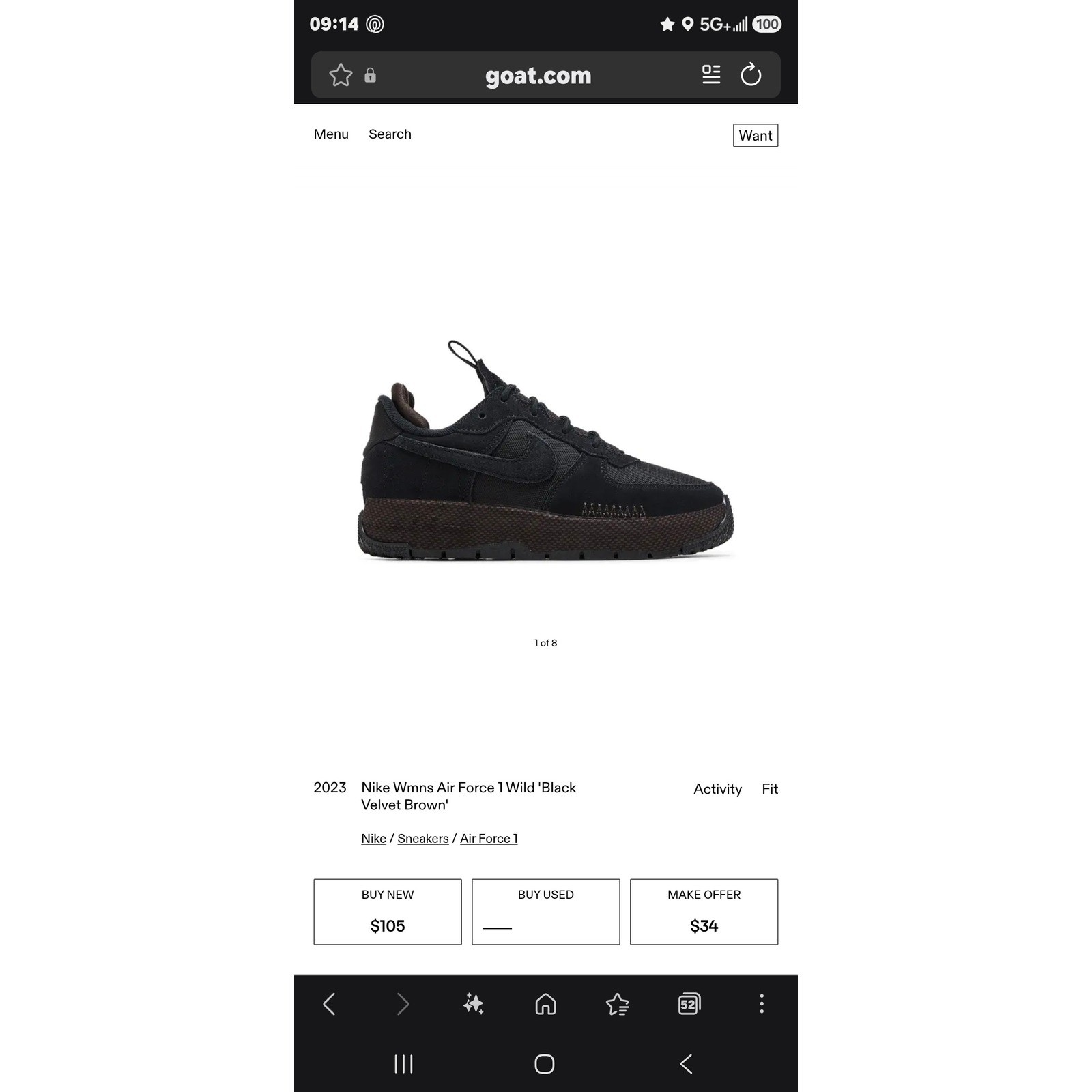 Nike Air Force 1 Wild Black Velvet Brown FB2348-001 Sneakers Womens Size 7 EUC