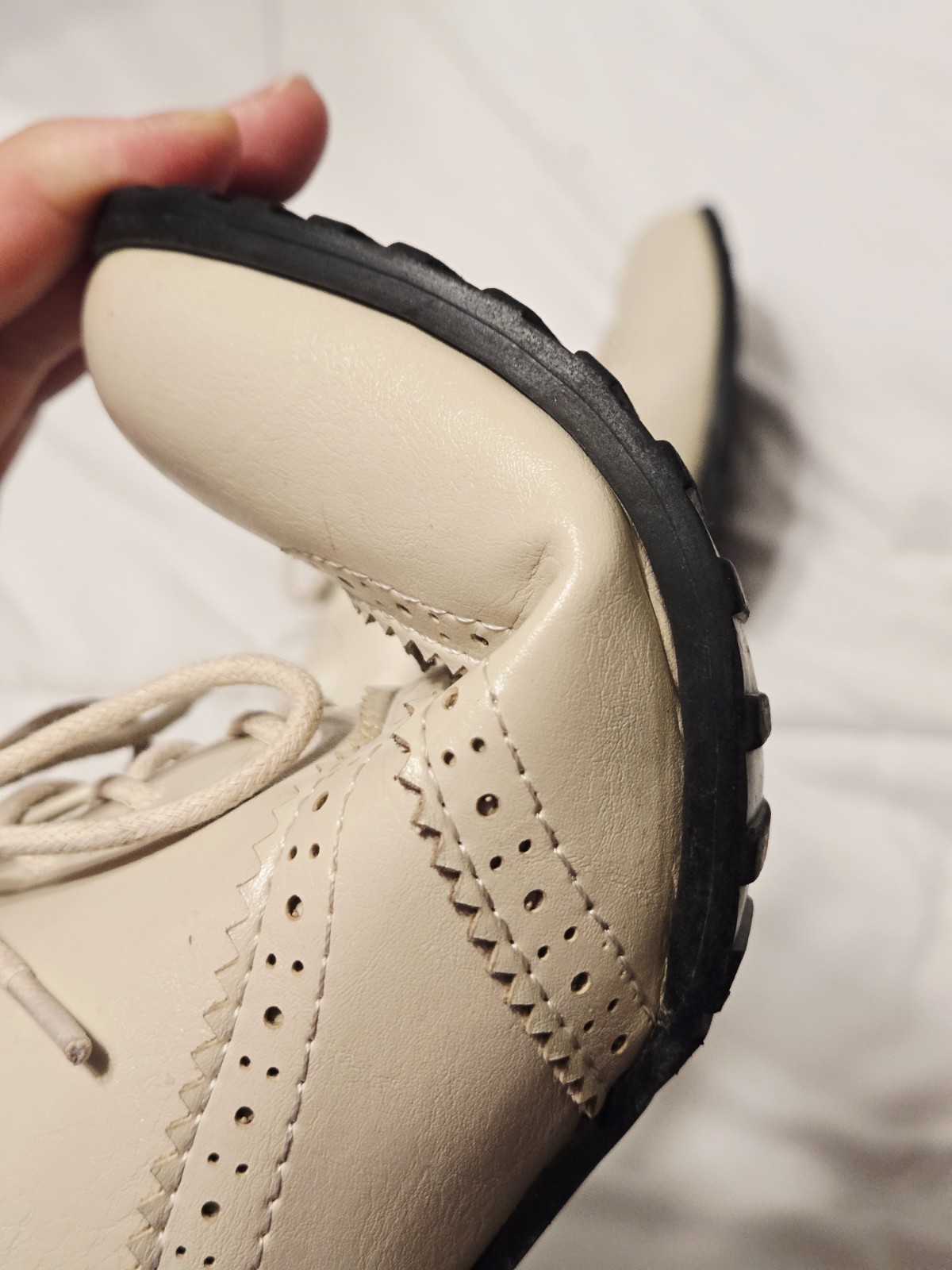 FOWT 8 Perforated Lace-Up Oxfords Almond Toe Chunky Heel Beige Academia Preppy